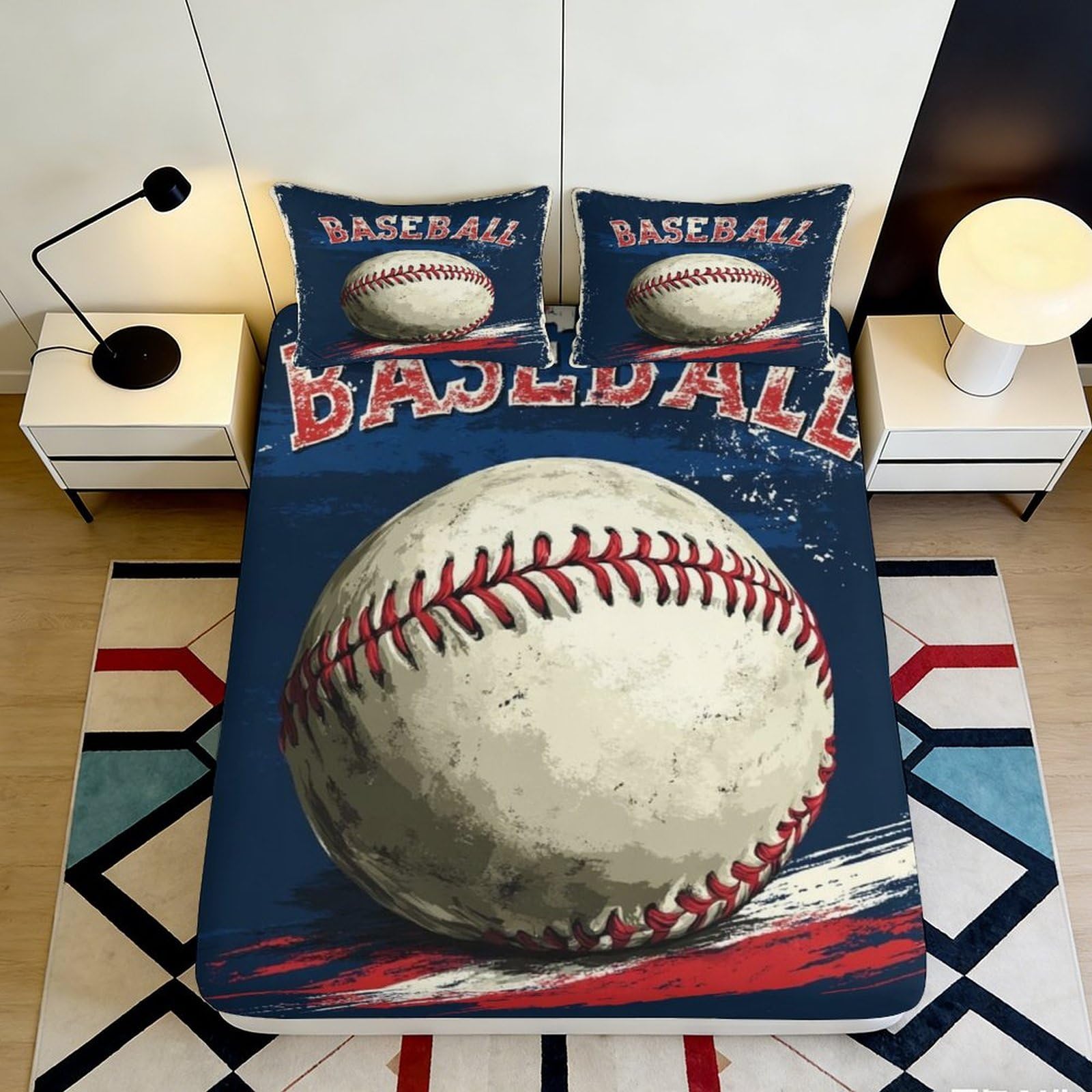 Uynsixtme Style-6 3D Printed Baseball Fitted Sheet Microfiber Deep Pocket Non-Slip Bedding Set Baseball Style Mattress Fitted Cover Washable For Adults Teens 90X200x25cm