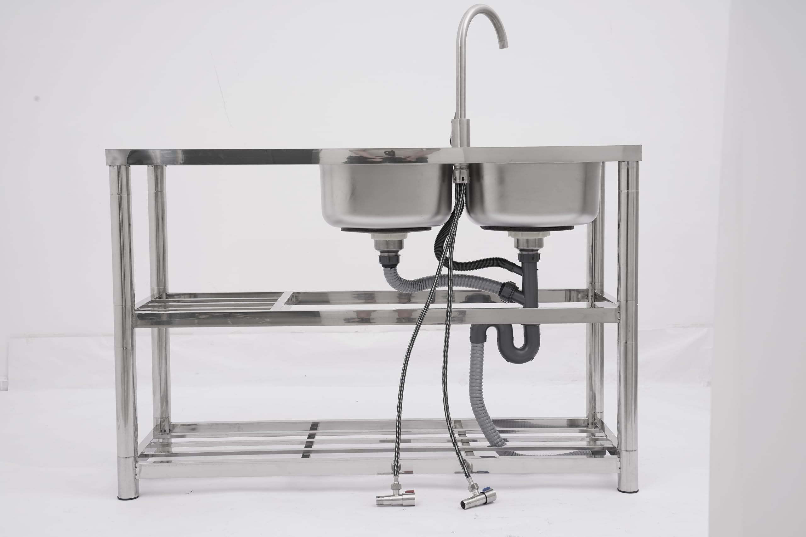 Lavello Portatile in Acciaio Inox, Lavabo Freestanding con 2 Vasche, Sink Cucina da Esterno con Ripiani, Lavandino da Campeggio per Camper con Rubinetto 360°,Capacità di Carico di 100kg