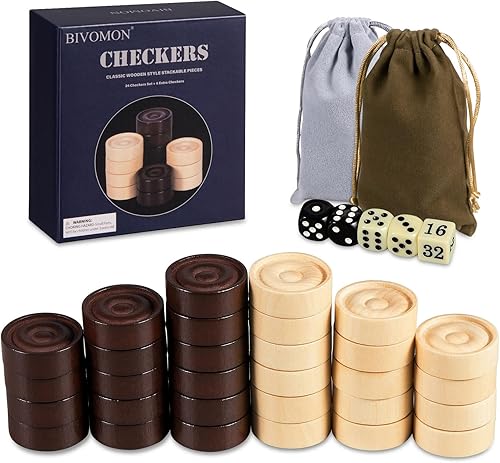 Miniatura 9 de Juego de 30 piezas apilables de madera clásicas, juego de 30 piezas de damas, 5 dados, 2 bolsas de almacenamiento con cordón, damas (1.2 pulgadas de