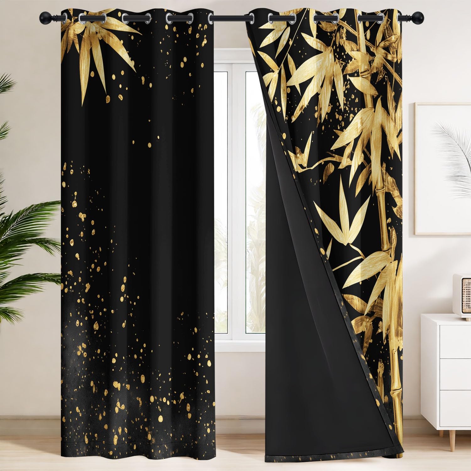 Générique Feuilles Bambou Dorées Éclaboussures Encre Rideau à œillets Luxe Abstrait Thermique, Séparateur de pièce, Occultant, Rideau de fenêtre Chambre Salon L 140 x H 180 cm 2 Panneaux Simples