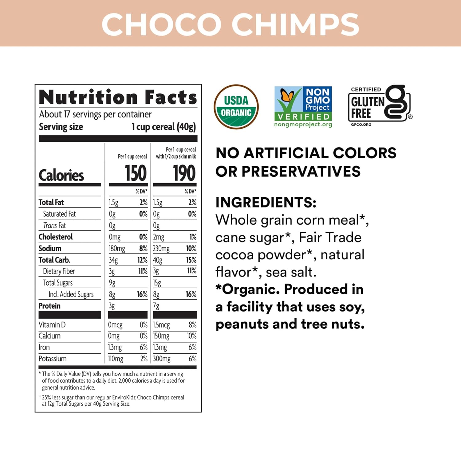 EnviroKidz Organic Choco Chimps Cereal, 24 oz (Pack of 2), Chocolate, Gluten Free, Non-GMO, Fair Trade, by Nature's Path