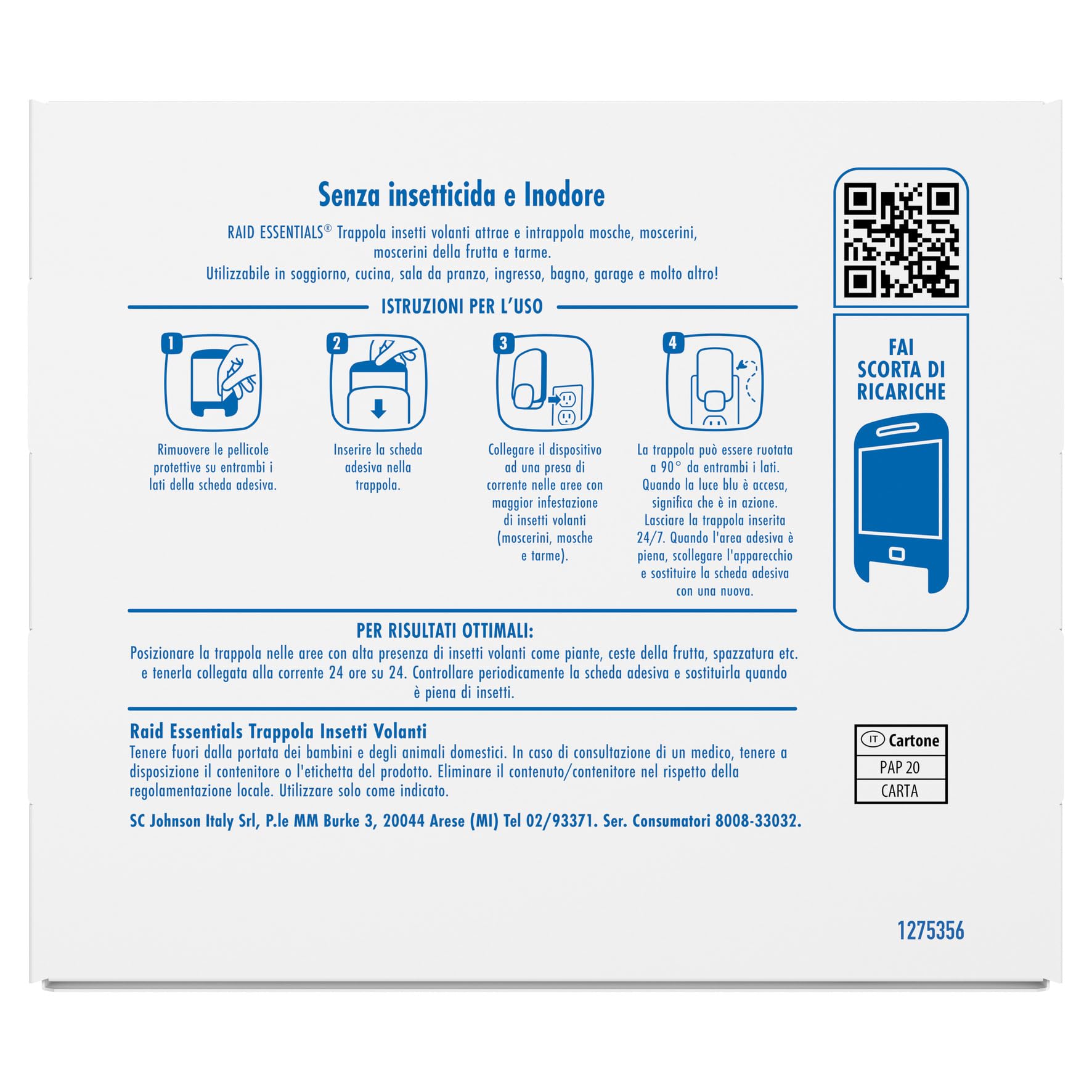 Raid Essentials Trappola Insetti Volanti Base Antimosche, Antimoscerini e Antitarme, Senza Insetticida, Protezione 24/7 dagli Insetti Volanti, per uso Interno, 1 Trappola e 1 Ricarica