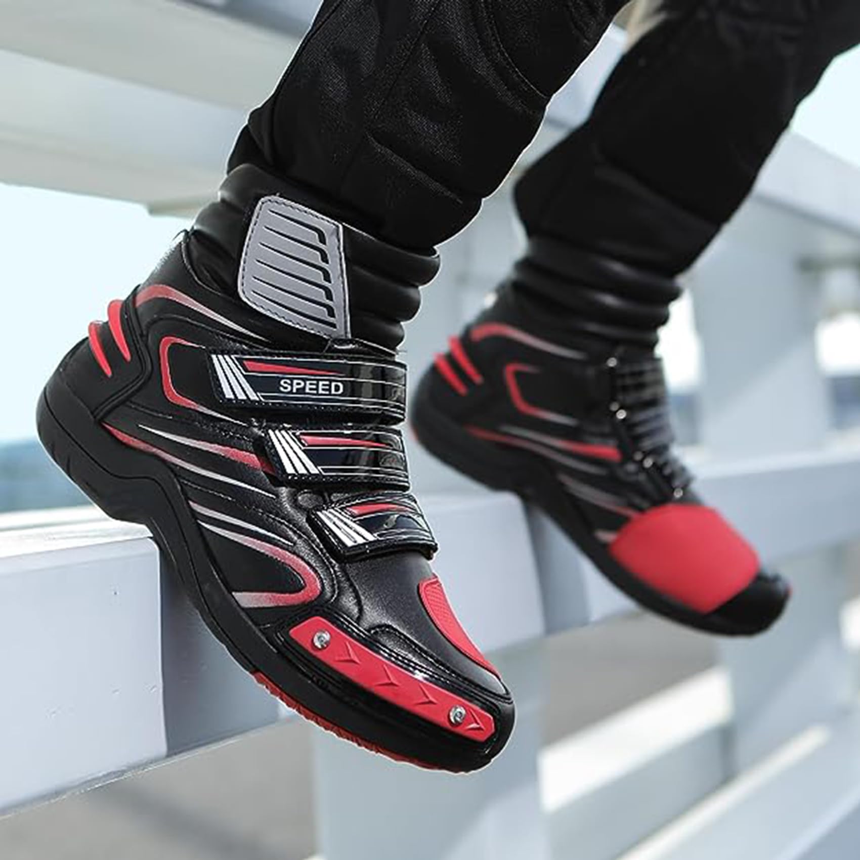 DJFOG Botas de Moto para Hombre, Zapatos de Moto de Soporte de Tobillo Impermeables Profesionales, Botas de Motociclista de Cuero de Streetbike