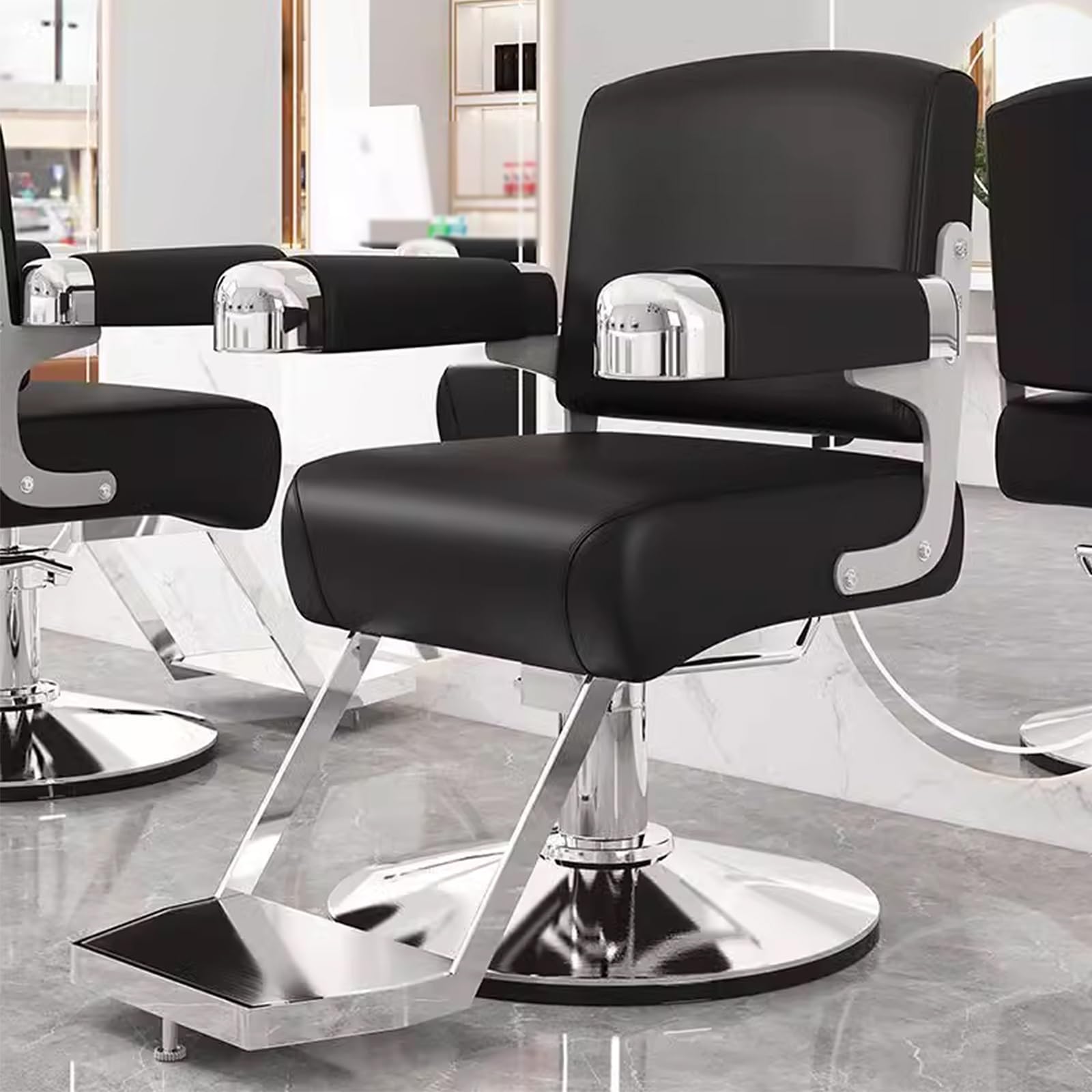 Sillon De Barbero Profesional con Reposapiés De Acero Inoxidable Rotación De 360° Altura Ajustable Hidráulicamente Cuero De PU Silla Barberia con Base Bañada En Oro para Salones Y Spas(Black)