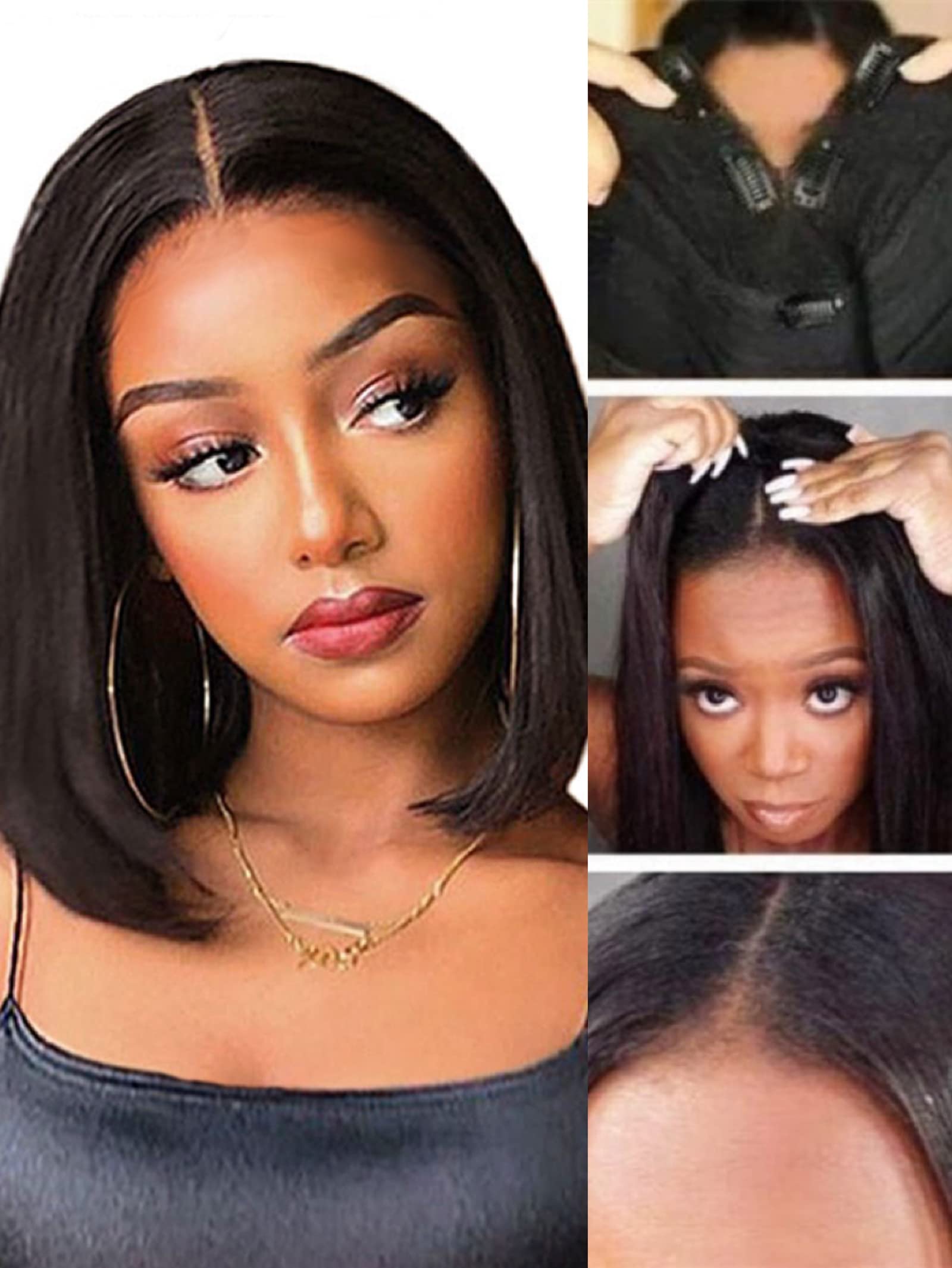 TopWigy 12inch V Part Human Hair Wig Bob Short Straight Wigs for Black