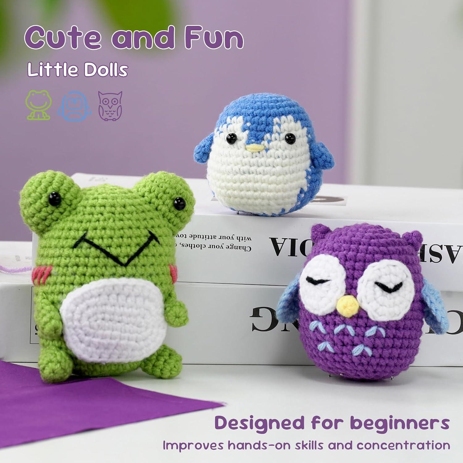 Baibos Crochet Kit for Beginners, Penguin, Owl, Frog-3 Pattern Animals, Crochet Set for Crochet Lovers Starters with Step-by-Step Video Tutorials and Yarns, Hook, Accessories