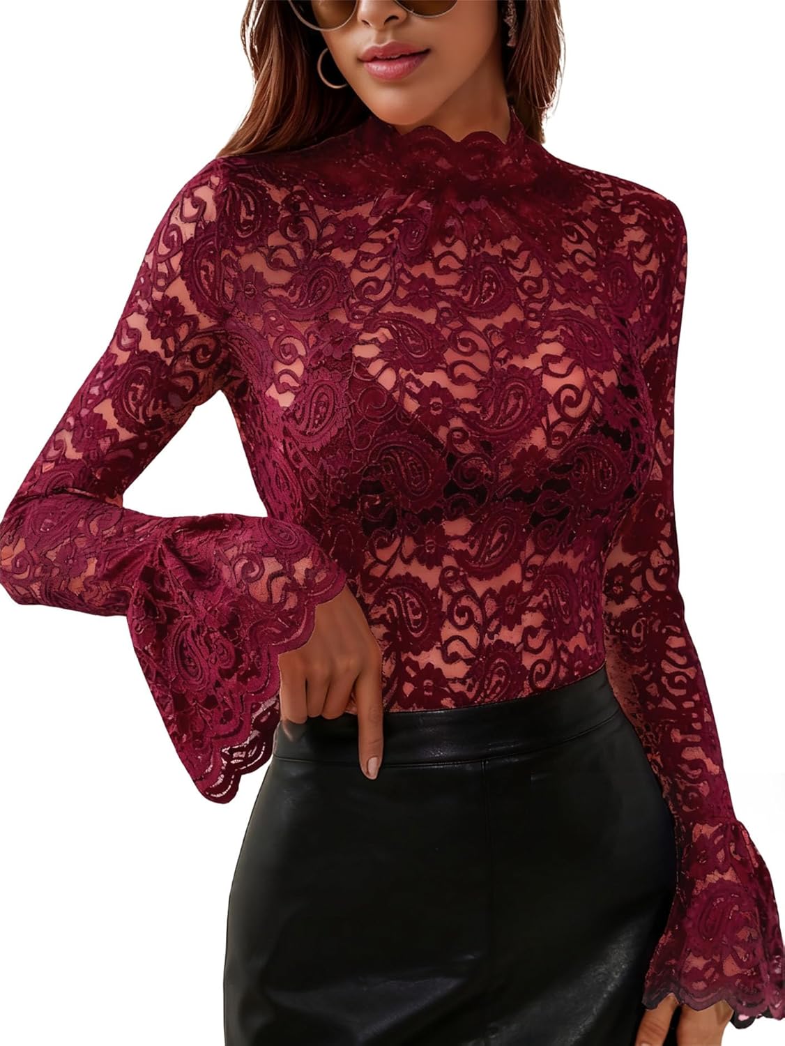 Women's Long Sleeve Lace Mesh Tops High Neck Sheer Blouse Sexy Floral Going Out Top
