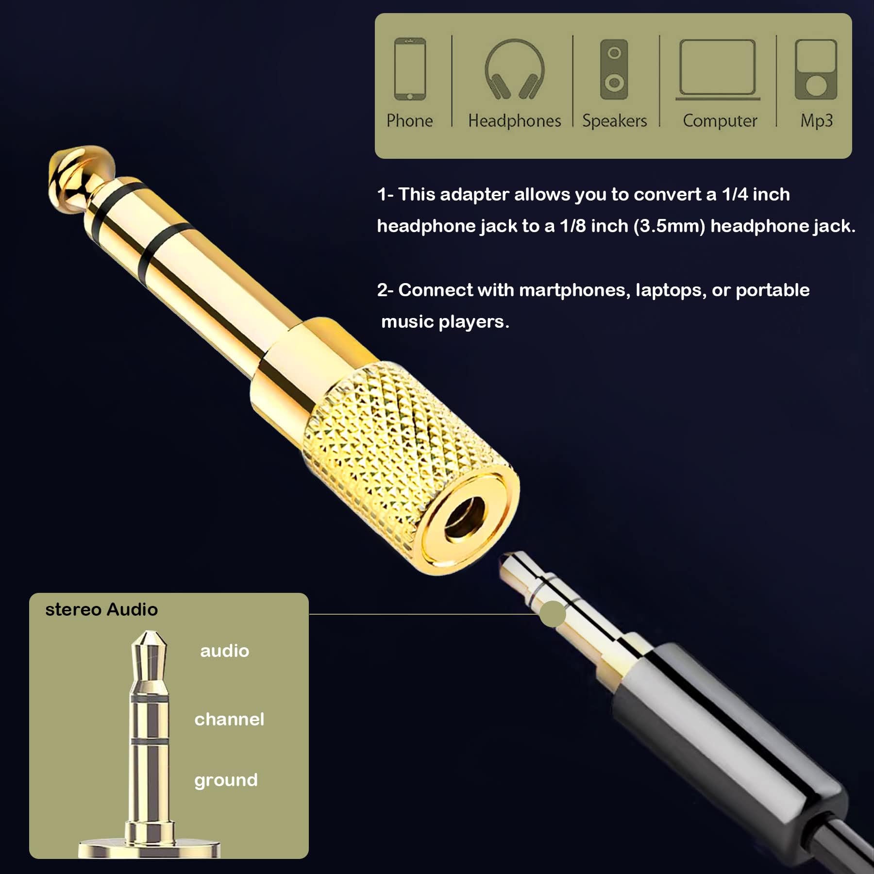 Adattatore Jack 6,35 Mm Su 3,5 Mm Presa Stereo Su Spina Dorata 2 - Foto 3