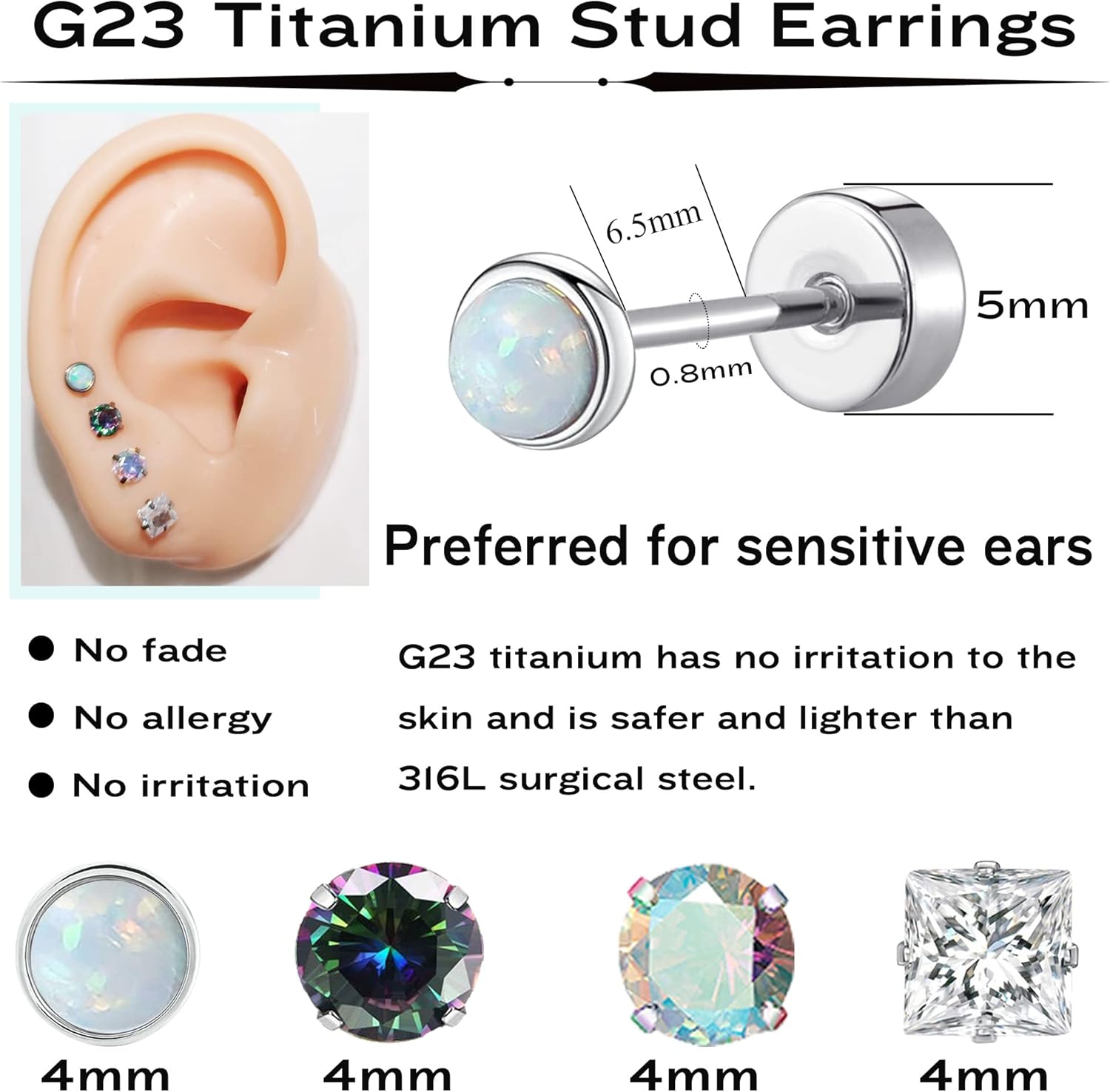 MJust Flat Back Titanium Earrings for Women & Men, 4 Pairs Hypoallergenic Titanium Earrings for Sensitive Ears, Screw Back Cartilage Earrings Set with CZ & Opal - Image 3