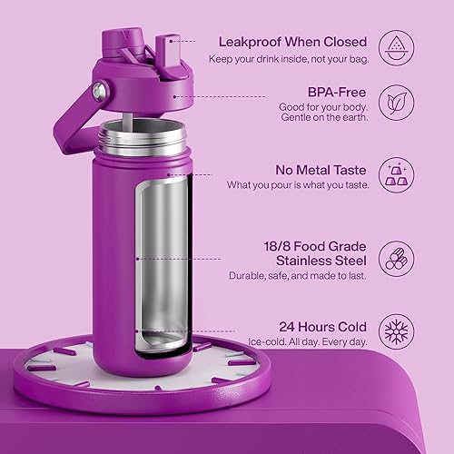 Miniatura 376 de ENCOOL Botella de agua aislada con popote, de acero inoxidable, a prueba de fugas, sin BPA, al vacío de doble pared que se mantiene fría durante 24