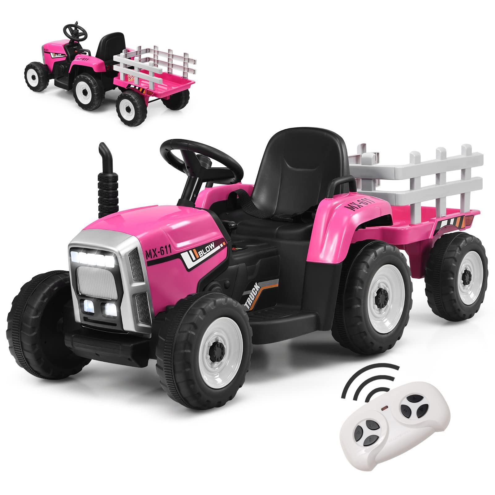 GOPLUS Tracteur Electrique Enfants avec Remorque 12V, Phare à LED et Musique, Voiture Electrique Enfants avec Télécommande Parental pour Enfants 3 Ans+, Charge Max 30KG(Rose)