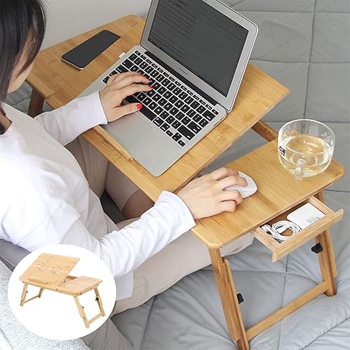 Miniatura 2 de Veryke - Escritorio de cama plegable de bambú de madera con cajón de mesa inclinable y bandeja de regazo ajustable para computadora portátil para