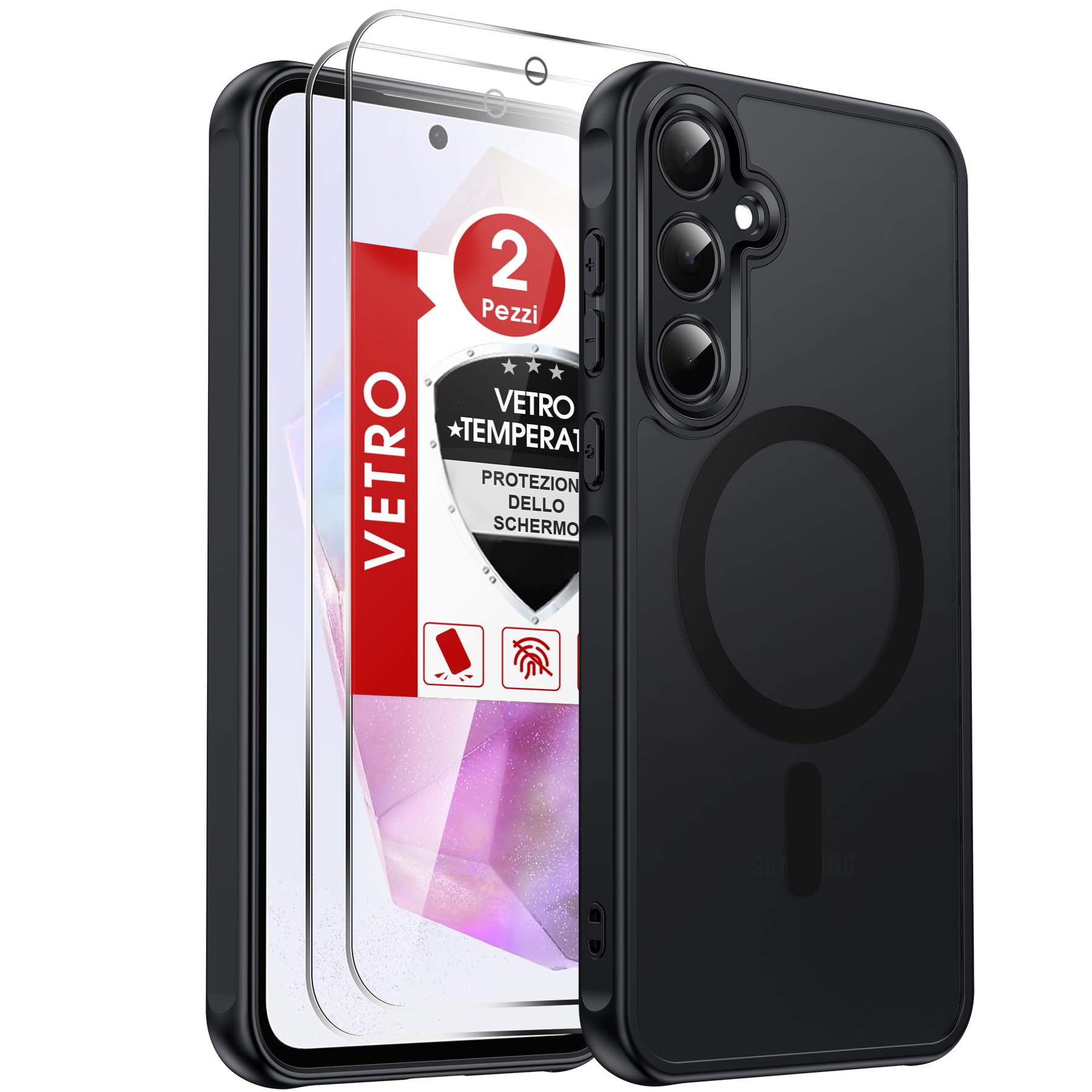 LeYi Cover Magnetica per Samsung Galaxy A35 5G con 2 Pezzi Vetro Temperato, Custodia per A 35 Traslucida Opaca Anti-Impronte Resistente ai Graffi Paraurti in TPU Antiurto Protettiva Case, Nero