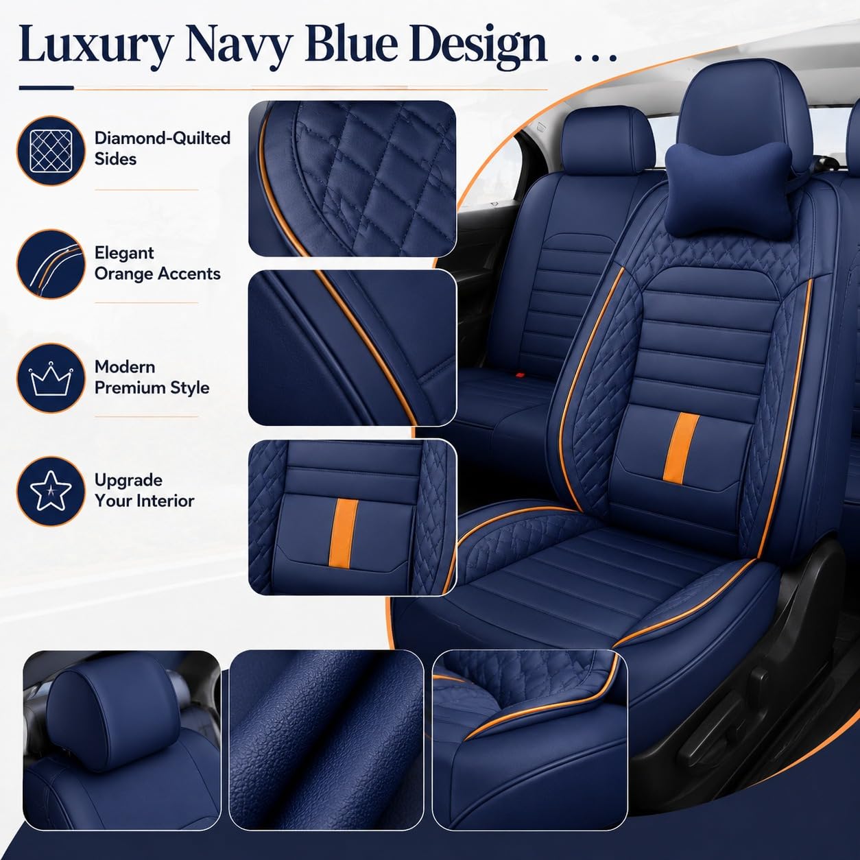 Juego completo de fundas de asiento de coche de piel sintética transpirable para asientos delanteros y traseros, incluye reposacabezas, reduce la fatiga del conductor, se adapta a la mayoría de los