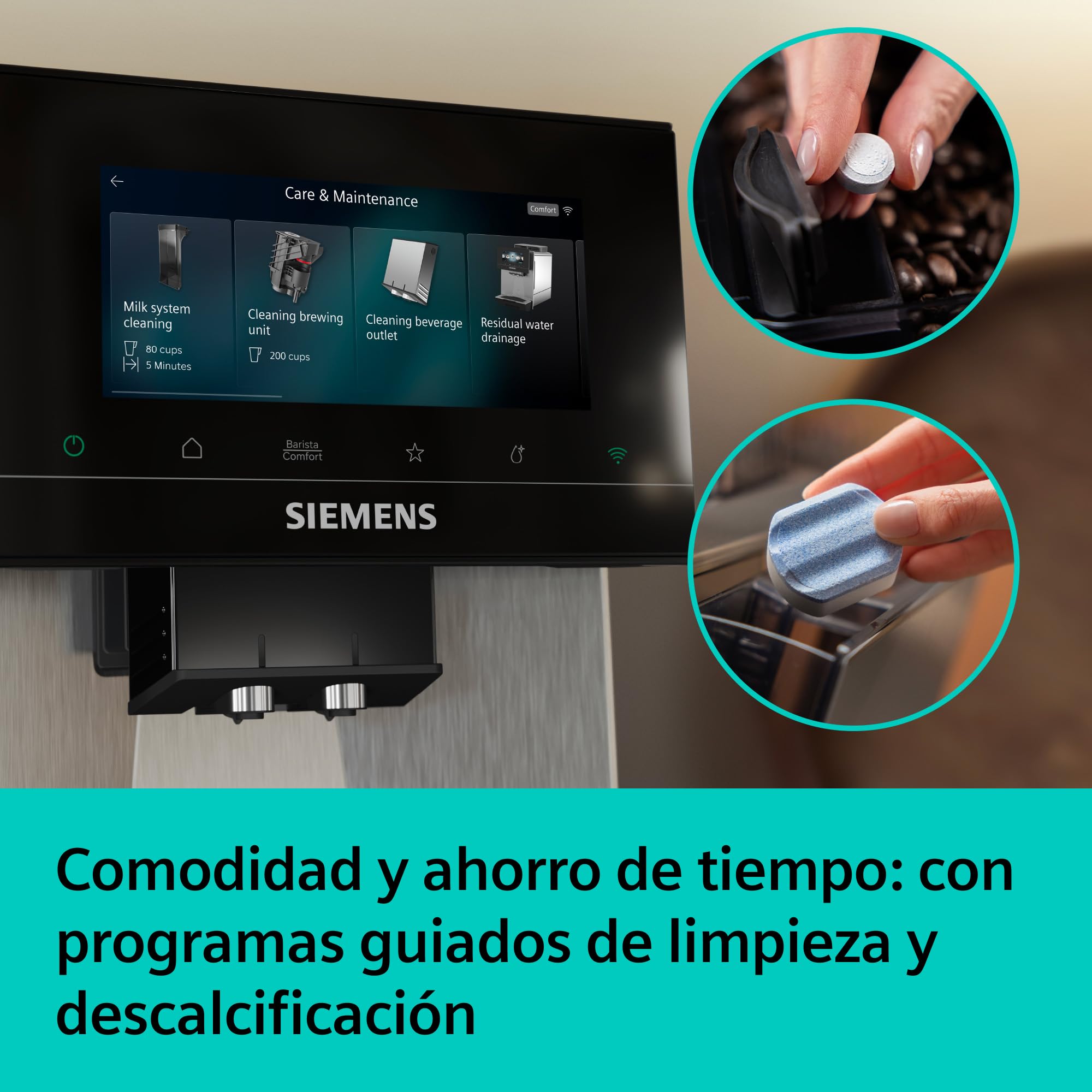 SIEMENS, cafetera superautomática, EQ900 iAroma, sabores personalizados, molienda precisa, pantalla grande para uso intuitivo, cafés personalizados, acero inoxidable, TQ923E03