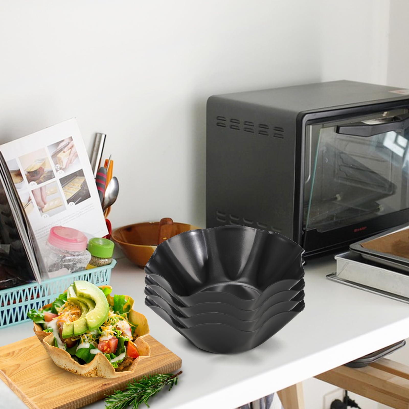 Paquete de 6 cuencos grandes para tacos, sartén para tortilla de 8.5 pulgadas, molde de tarta estriado antiadherente, para ensaladas para hornear en casa, ensaladas 8