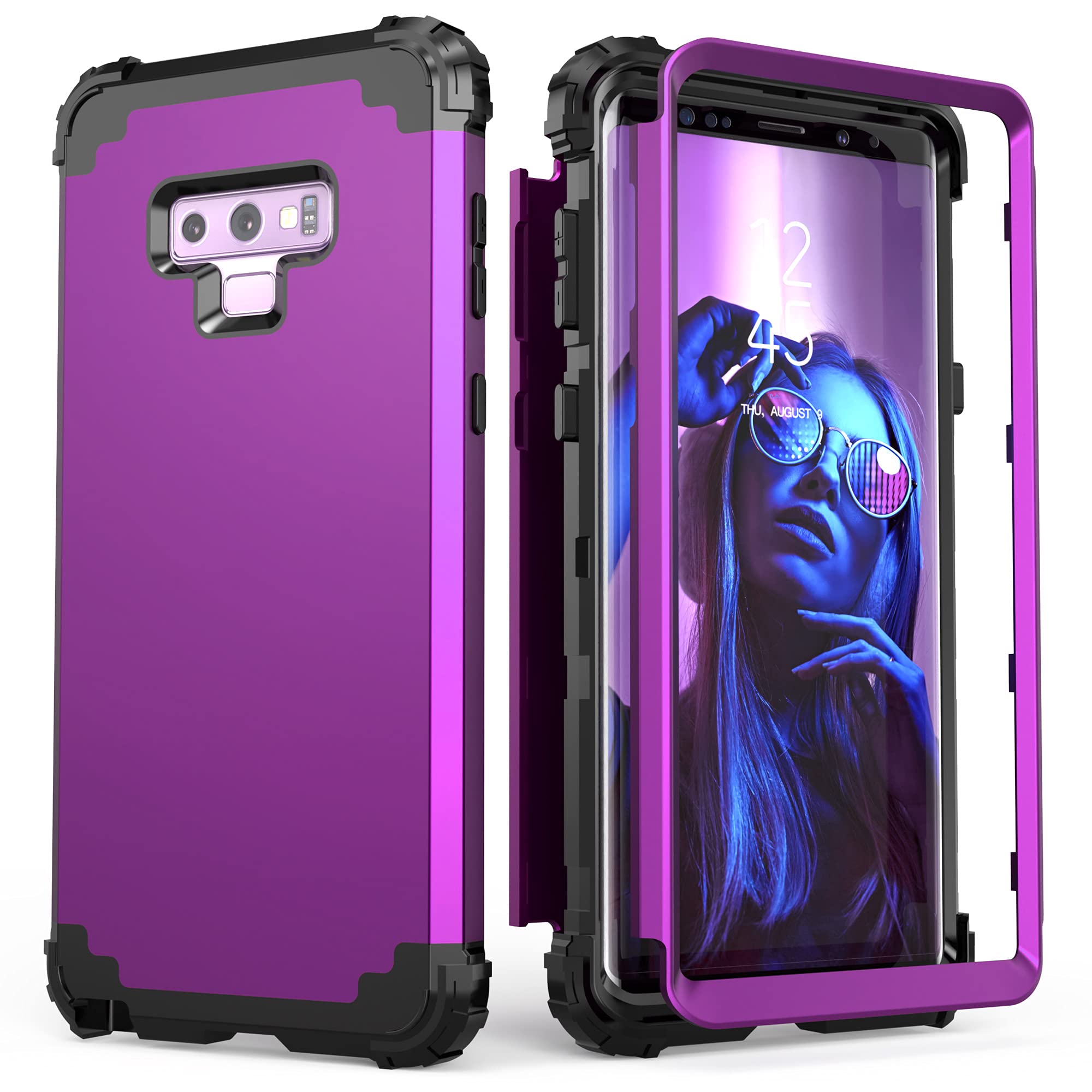 IDweelfor Galaxy Note 9 Case, Note 9 Case Purple for Women Girls, 3 in 1 Shockproof Slim Hybrid Heavy Duty Protection Hard PC Cover Soft Silicone Rugged Bumper Full Body Case, Navy Purple