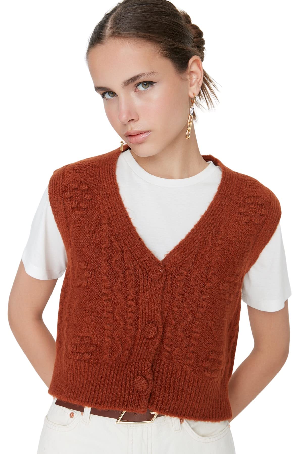 TRENDYOL Damen V-Ausschnitt Unifarben Regular Strickweste Sweater (1er Pack)