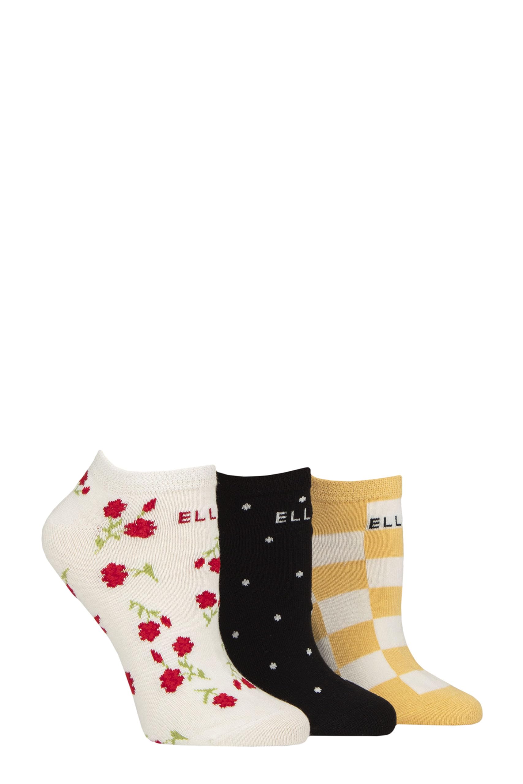 ELLE Ladies No-Show Socks - Soft Cotton in Plain, Stripe and Patterned Styles Multipack of 3 Size 4-8 (UK, Numeric, 4, 8, Regular, Regular, Parisian Rose Patterned)