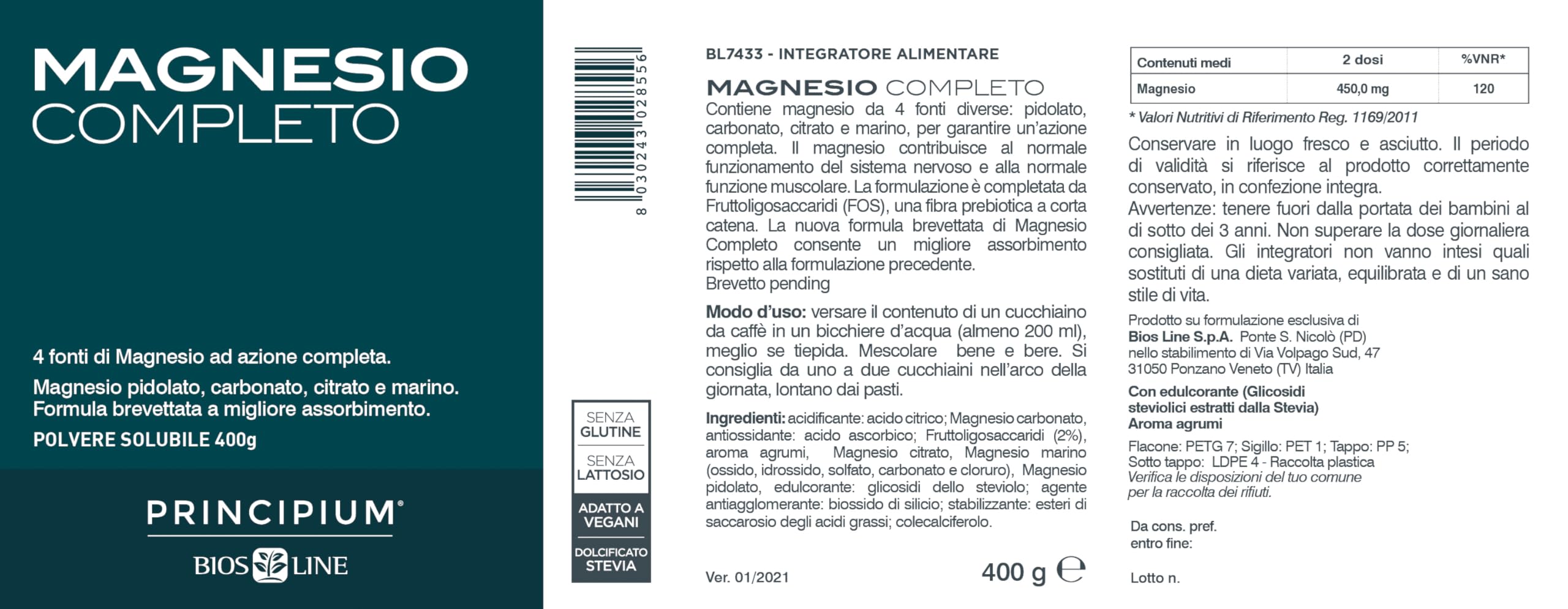 BIOS LINE Principium, Magnesio Completo Brevettato con Miglior Assorbimento, Gusto Agrumi, 4 Fonti di Magnesio ad Azione Completa, Integratore Anti Stress, 400 g Polvere Solubile