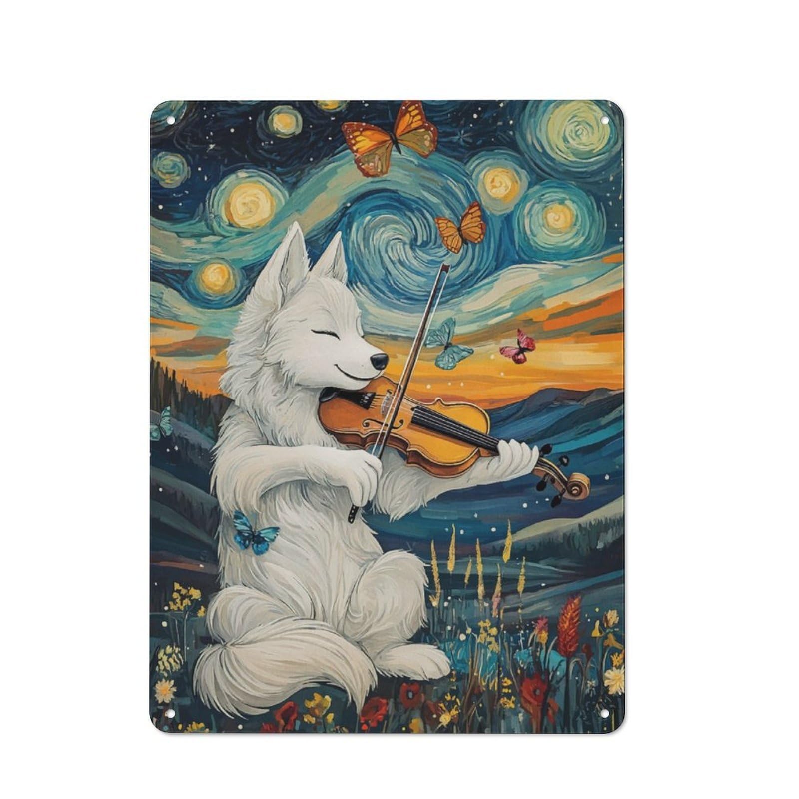 Junmoney Wolf Playing Violin Nostalgic Decorative Tin Plaque 40X30cm Featuring Classic Pub Decor For Cafe, Pub, Workshop Or Home Bar