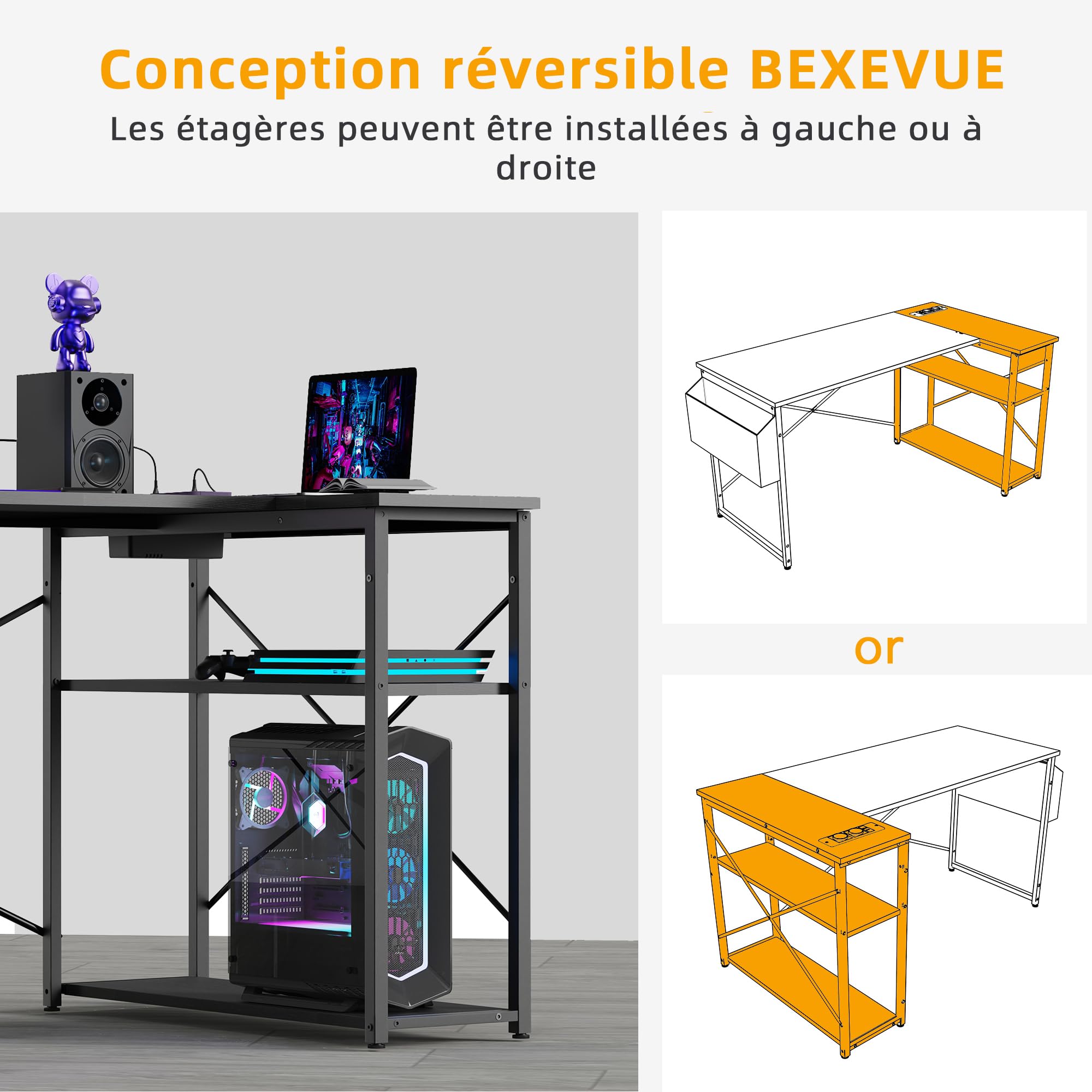 BEXEVUE Scrivania ad Angolo Computer - 120x70 cm Scrivania a Forma L Ripiani Portaoggetti, Tavolino Angolare Reversibile, Scrivania Gaming Gamer Informatica, Studio Gioco Lavoro Casa Camera da Letto