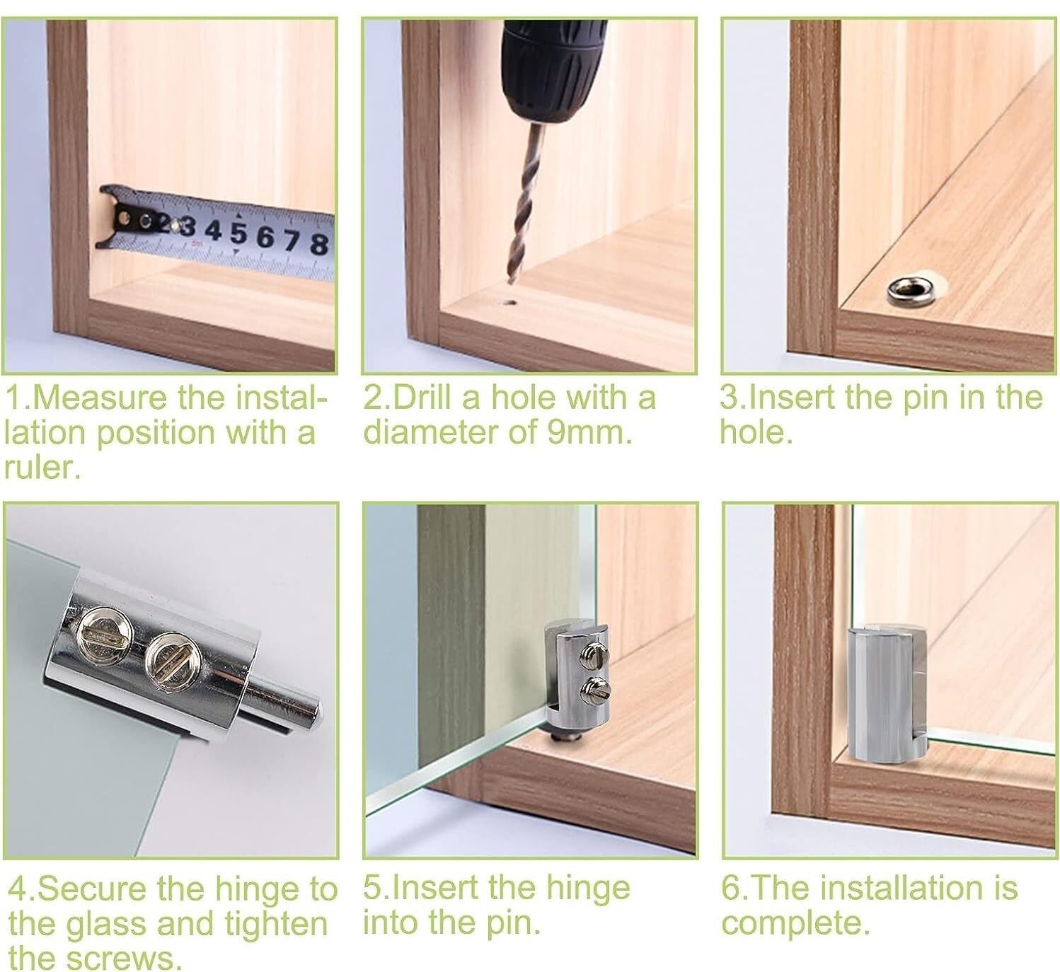 herrajes, 4 bisagras pivotantes for puertas de vidrio sin marco, clips for gabinete 3-5 mm apertura libre