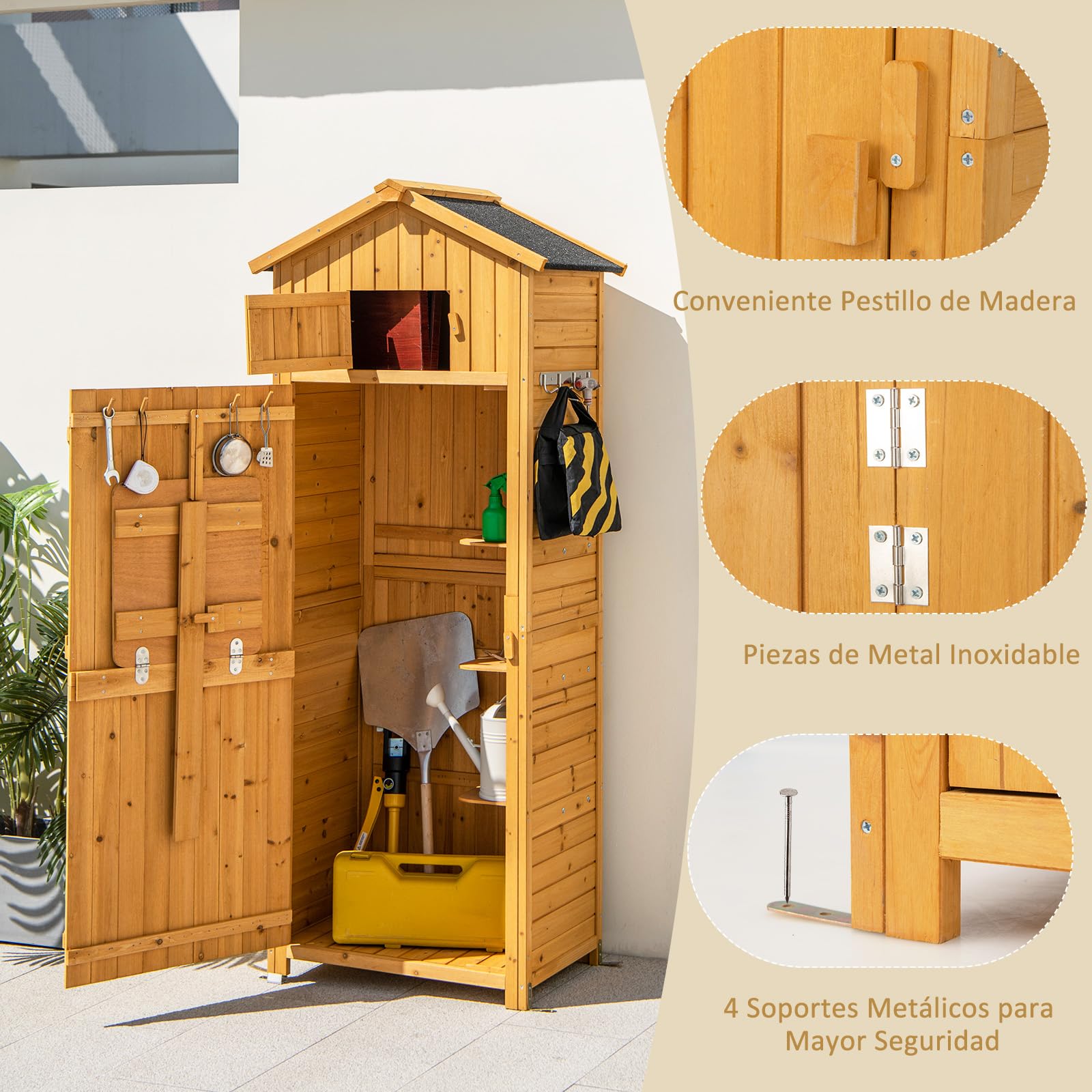 RELAX4LIFE Cobertizo de Madera con Techo a 2 Aguas de Asfalto, Armario de Jardín con 8 Ganchos, 3 Estantes Extraíbles y Mesa Plegable para Herramientas de Jardinería (Natural)