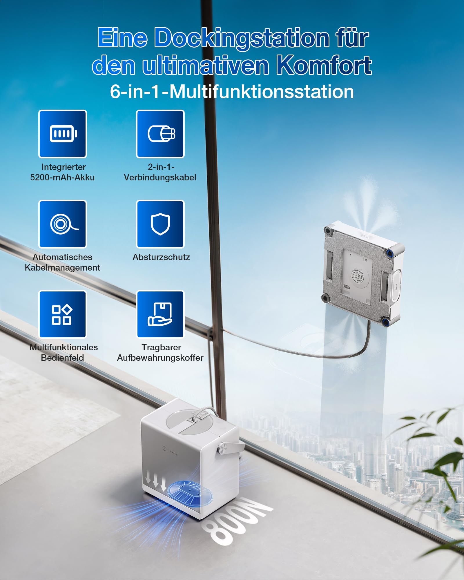ECOVACS WINBOT W2S Omni Fensterputzroboter mit Multifunktionsstation, intelligenter Bis-an-den-Rand-Reinigung mit TruEdge™, Aufladen während des Betriebs, DREI Wasserdüsen, 12-stufigem Schutz