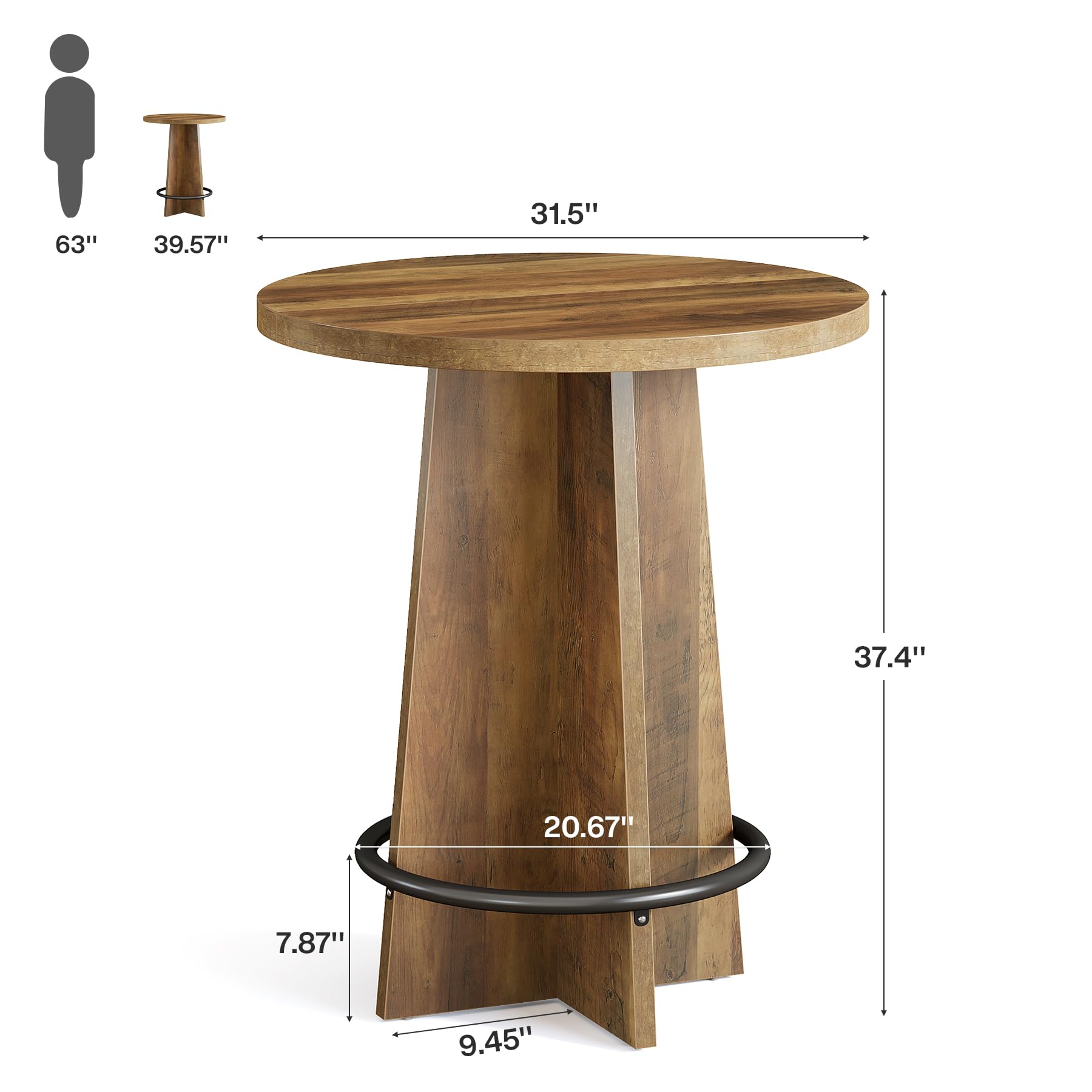 Tribesigns Tavolo rotondo da bar, alto 95 cm, in legno, Tavolino da Cocktail con base e poggiapiedi ad anello in metallo, per caffetteria, casa, piccoli spazi, marrone (solo tavolo)