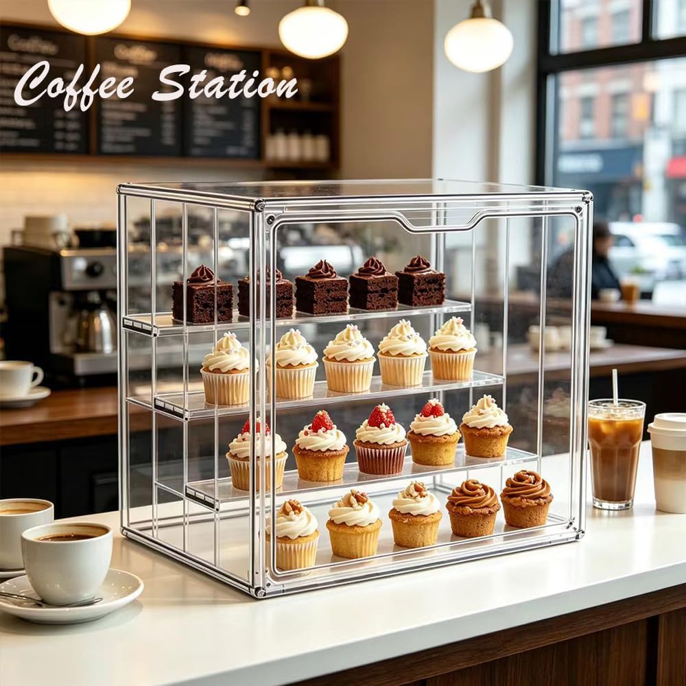 Mini Greenhouse Clear Pastry Display Case, 14.2" L x 8.7" W x8.7 H 3‑Tier Countertop Bakery Display Cabinet with Flip , Clear Dessert Holder for Bread, Pastries, Coffee Pods, Kitchen Supplies