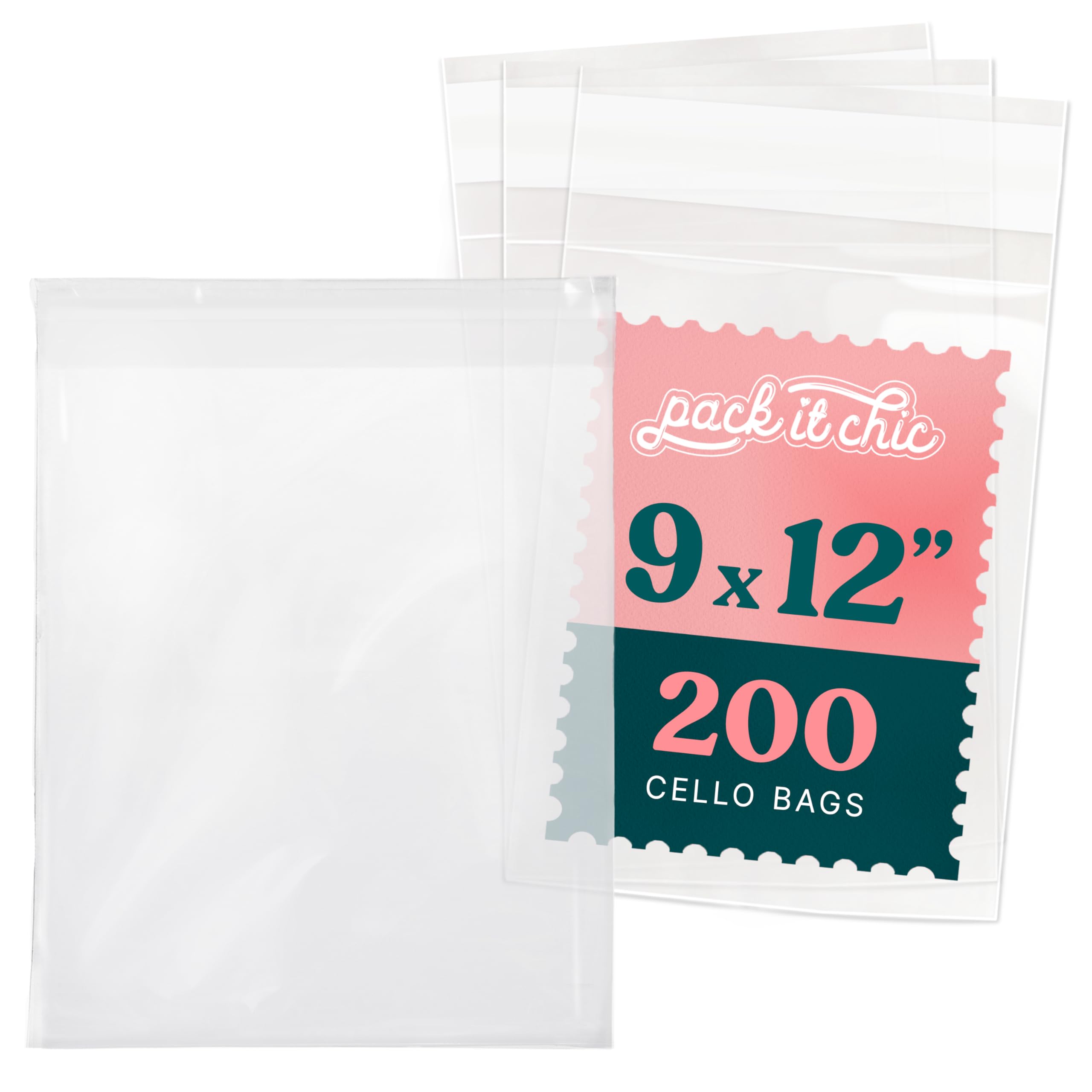 Pack It Chic - 9” X 12” Self Sealing Cellophane Bags (200 Pack) - Resealable Adhesive Clear Bags for Gifts, 9X12 Photos, Prints, Envelopes, Letter Sized Documents