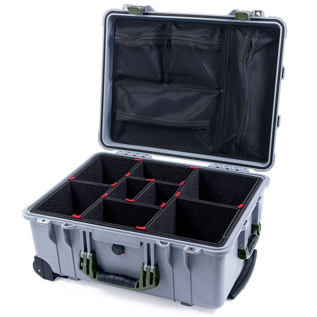 ColorCase Pelican Protector 1560 Case Silver - Waterproof Case with TrekPak Divider System & Mesh Lid Organizer - OD Green Handles & Latches