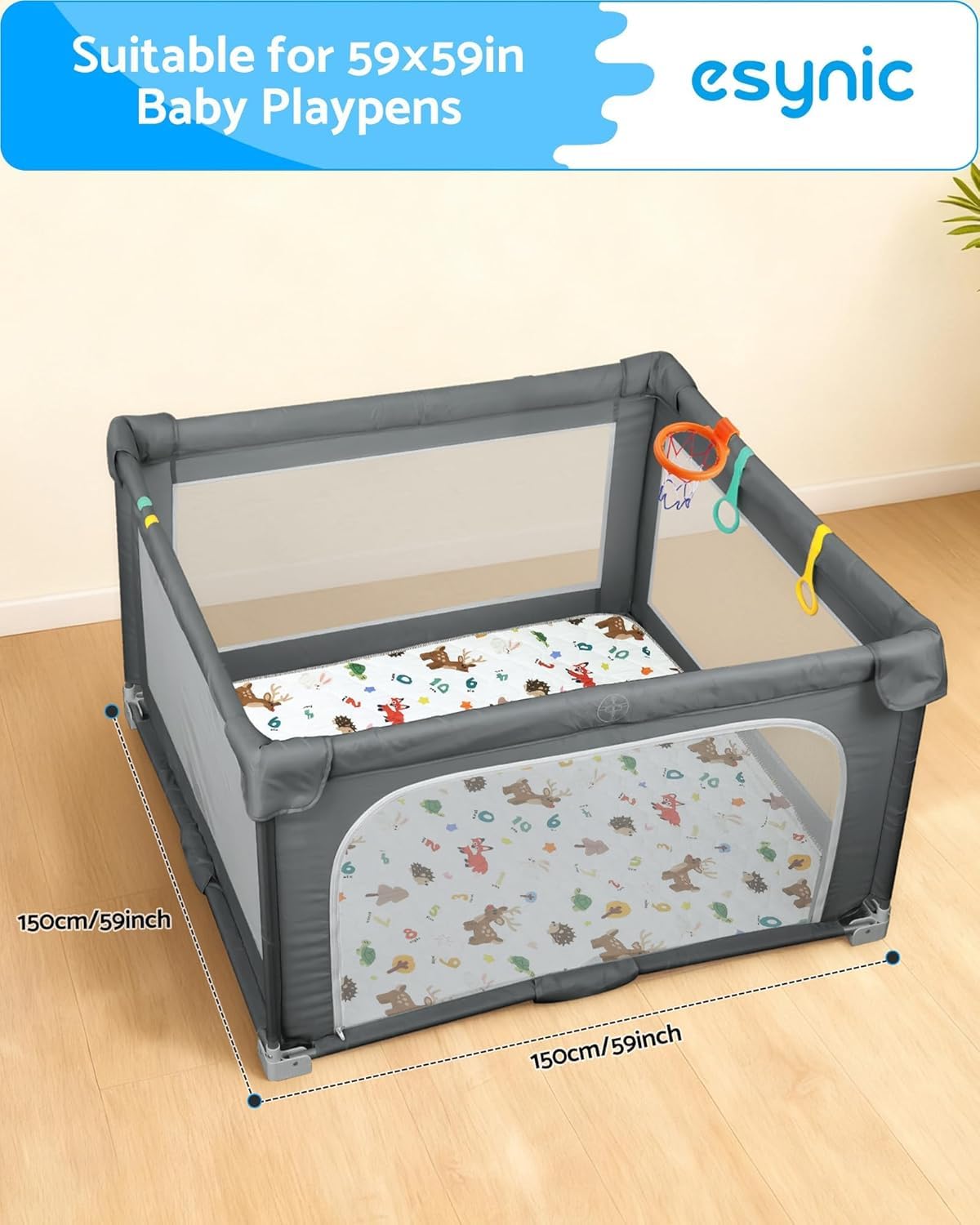 eSynic Foldable Baby Play Mat 150×150cm Sichere Krabbelmatte Rutschfeste Krabbelmatte für Babys 6-12 Monate & Kleinkinder Waschbar & Tragbar Spielmatte mit Tier-& Zahlenmotiven Indoor & Outdoor