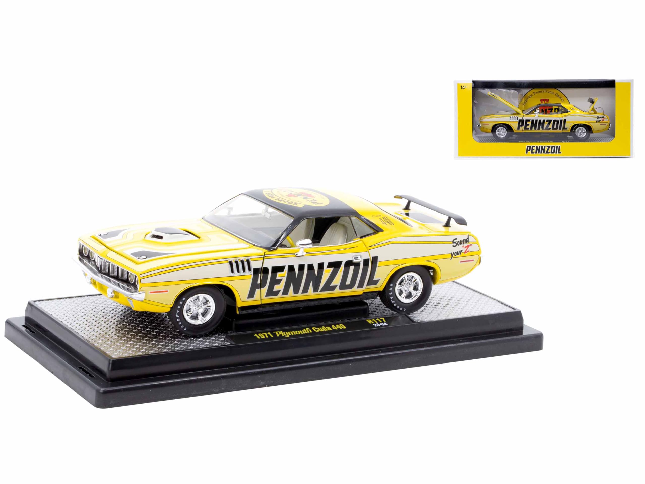 1971 Barracuda 440 Yellow with Gray Stripes and Black Top Limited Edition to 6250 Pieces Worldwide 1/24 Diecast Model Car by M2 40300-117B