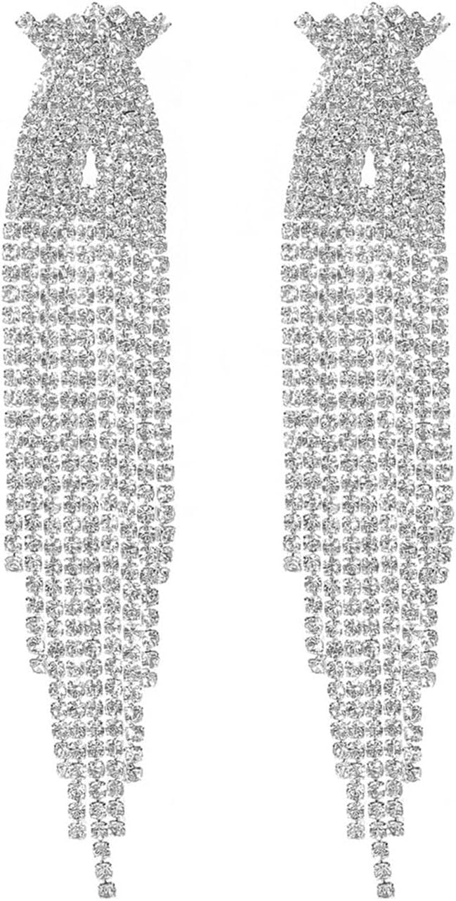 Rhinestone Earrings Dangling for Women Sparkly Silver Dangle Earrings Girls Long Chandelier Earrings Tassel Lightweight Ear Studs Cubic Zirconia (KE001S-W)