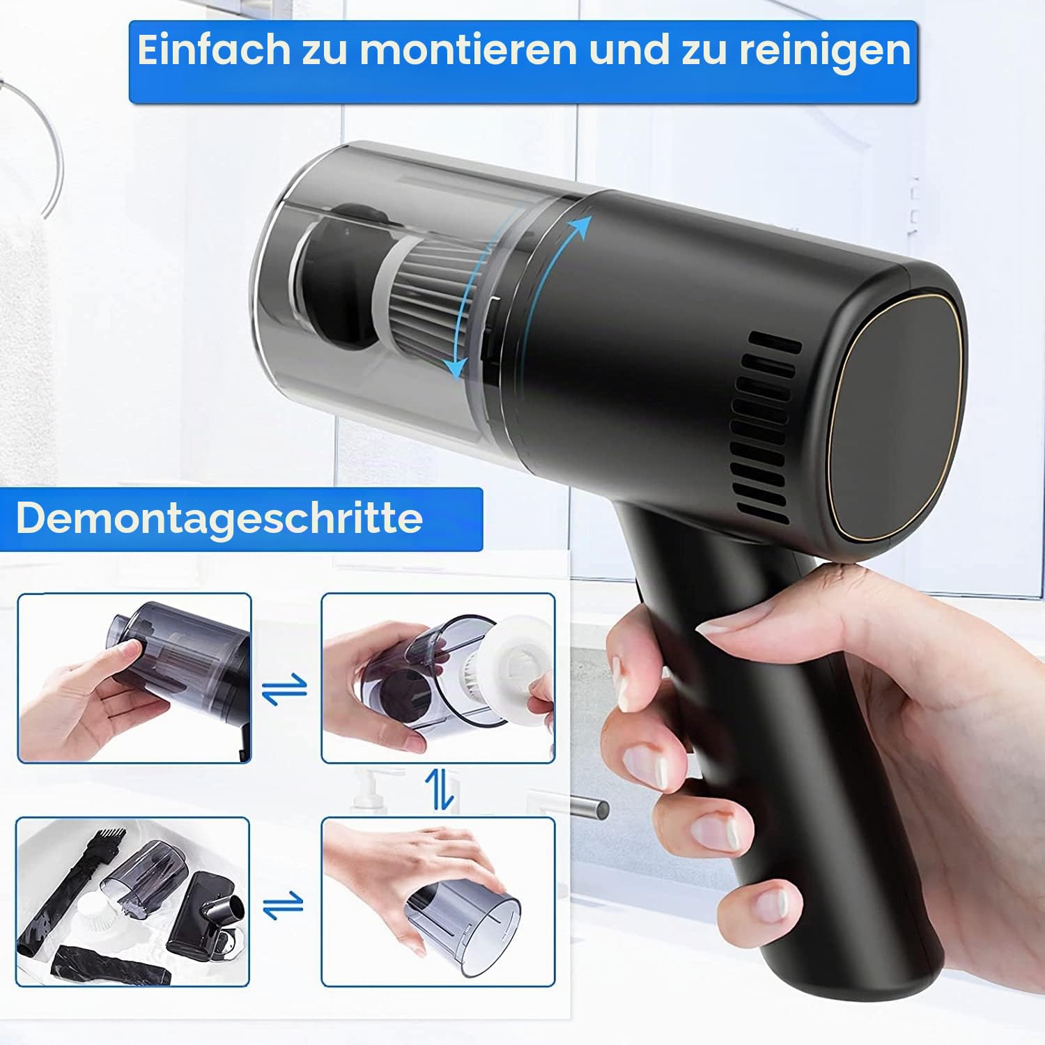 Akku Handstaubsauger, 9000Pa USB aufladbar Tragbar Leicht Mini Staubsauger, 4000mAh Auto-Staubsauger, Nass & Trocken Handsauger, für den Auto, Haus, Küche, Tierhaare