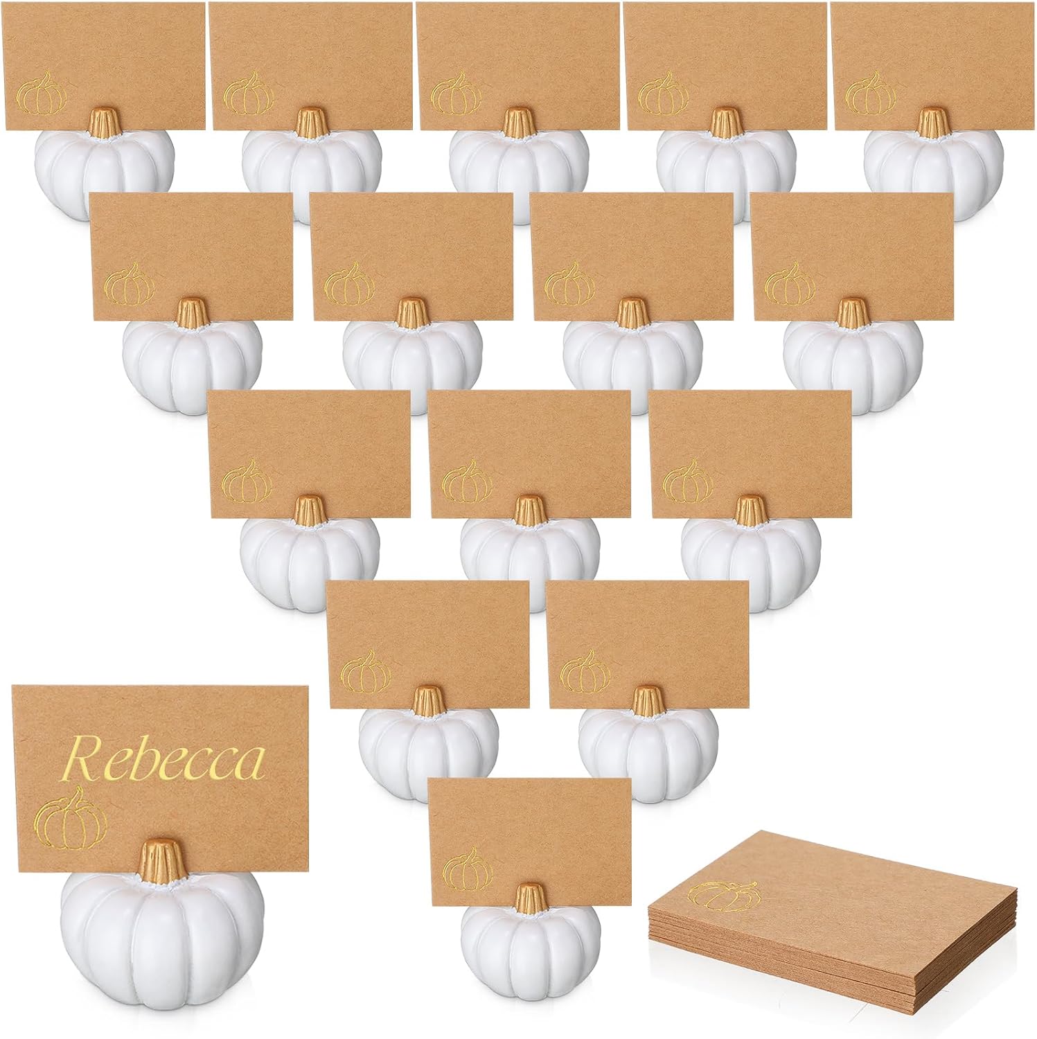 Yaomiao 16 Pcs Fall Pumpkin Decor Pumpkin Place Card Holders Mini Table Number Holders for Wedding Fall Thanksgiving Halloween Autumn Party Photo Picture Table Decorations(White)