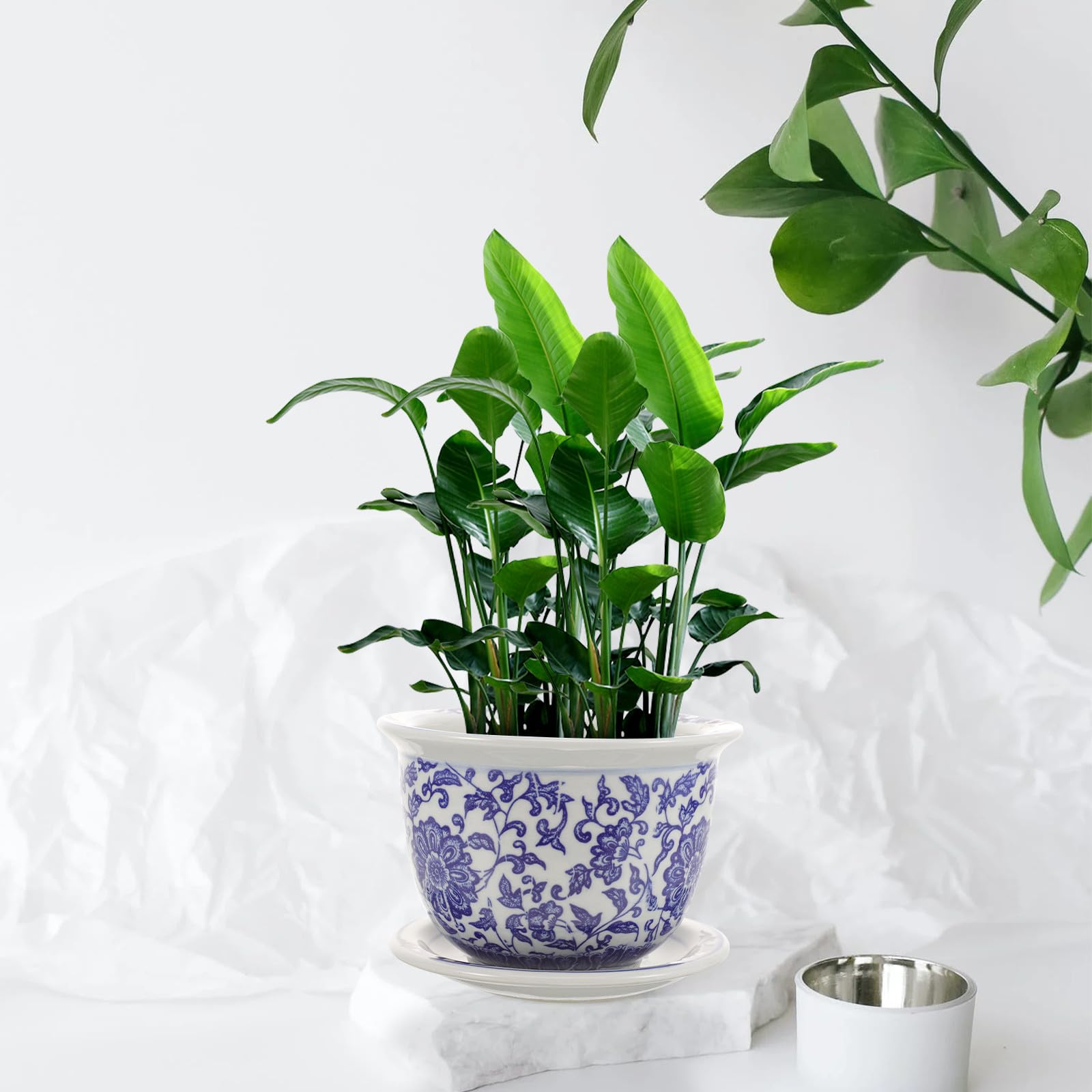 Set 1 Vaso in Ceramica con Motivo Blu Classico, con Vassoio Incluso, Vaso Decorativo per Bonsai e Piante Grasse da Interno da Esterno