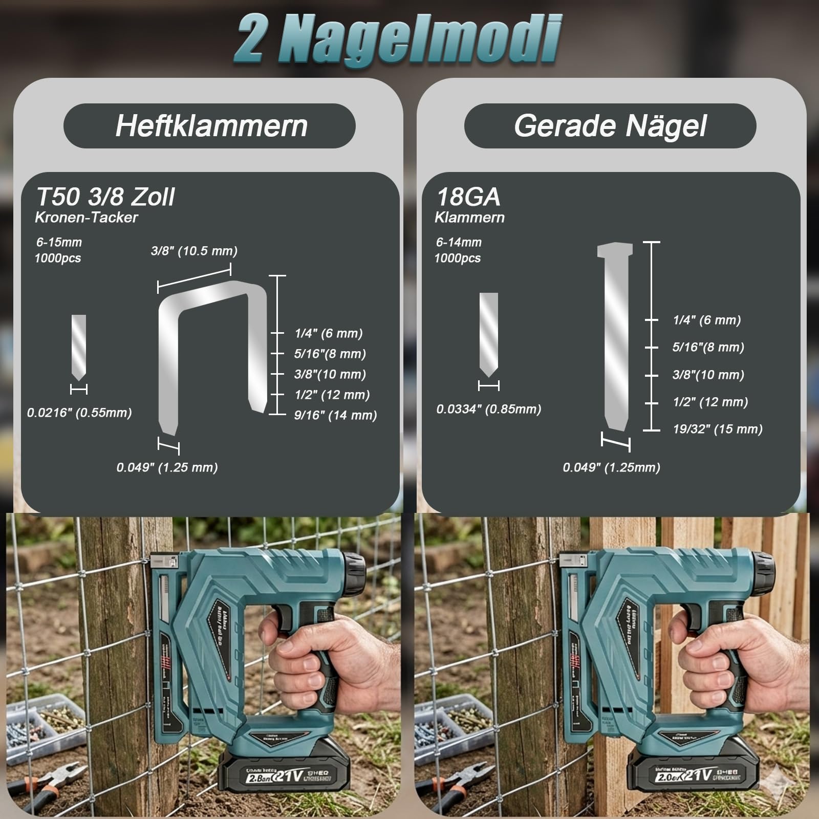 YEARTOP 2-IN-1 Akku Tacker, Elektrotacker für Bastelarbeiten/DIY/Polster | Kompatibel mit Makita 18V Akku, 2 Modi Typ 53 (6-14mm) & 18GA (6-15mm), 2 X 2000mAh Akkus & 2000 Nägel