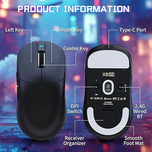 Miniatura 9 de ATTACK SHARK X8SE - Mouse inalámbrico para juegos, sensor óptico ajustable de 25 K DPI PAW3311, ergonómico de 2.08 oz ligero, triple modo