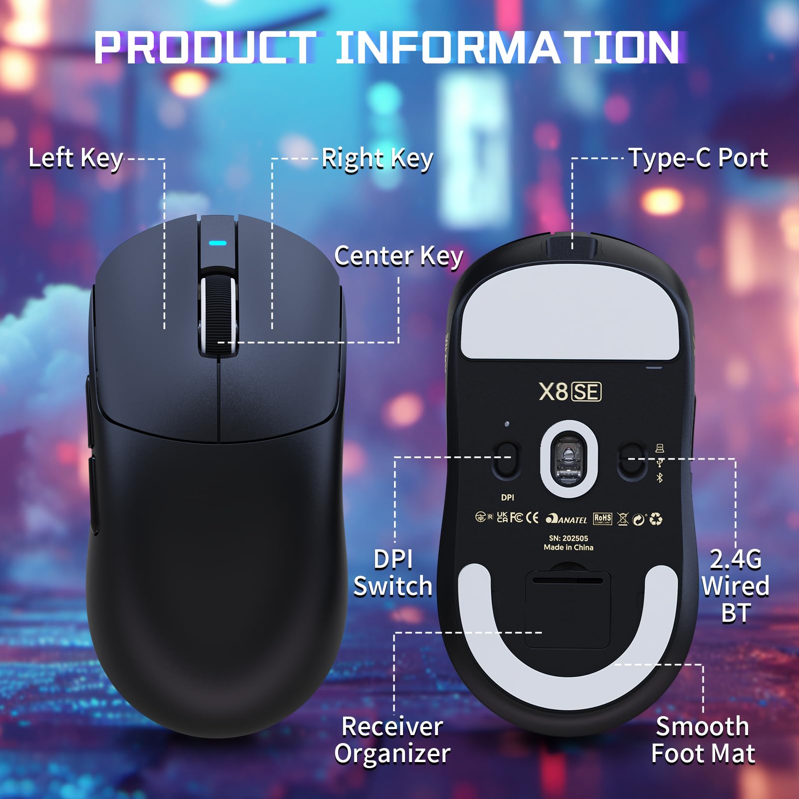 MAMBASNAKE X ATTACK SHARK X8SE 55g Mouse da gioco wireless ultraleggero-Fino a 25000DPI,sensore PAW3311,Tri-mode BT/2.4G/USB-C,80 milioni di clic,accelerazione 40G,500mAh,driver web,per Win/Mac-Nero