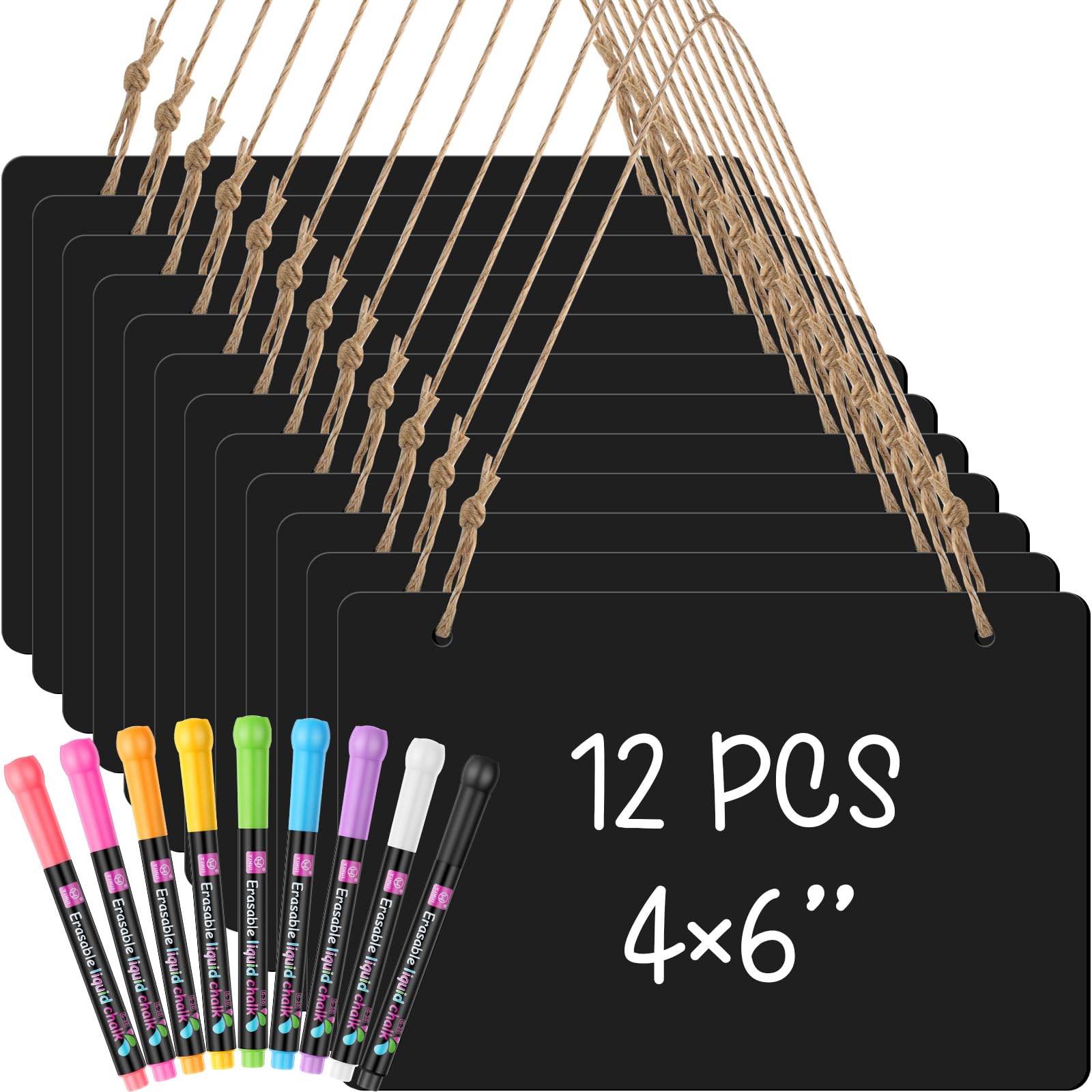 MotiMind 12pcs Double Sided Hanging Chalkboard Sign with Markers, Rectangle