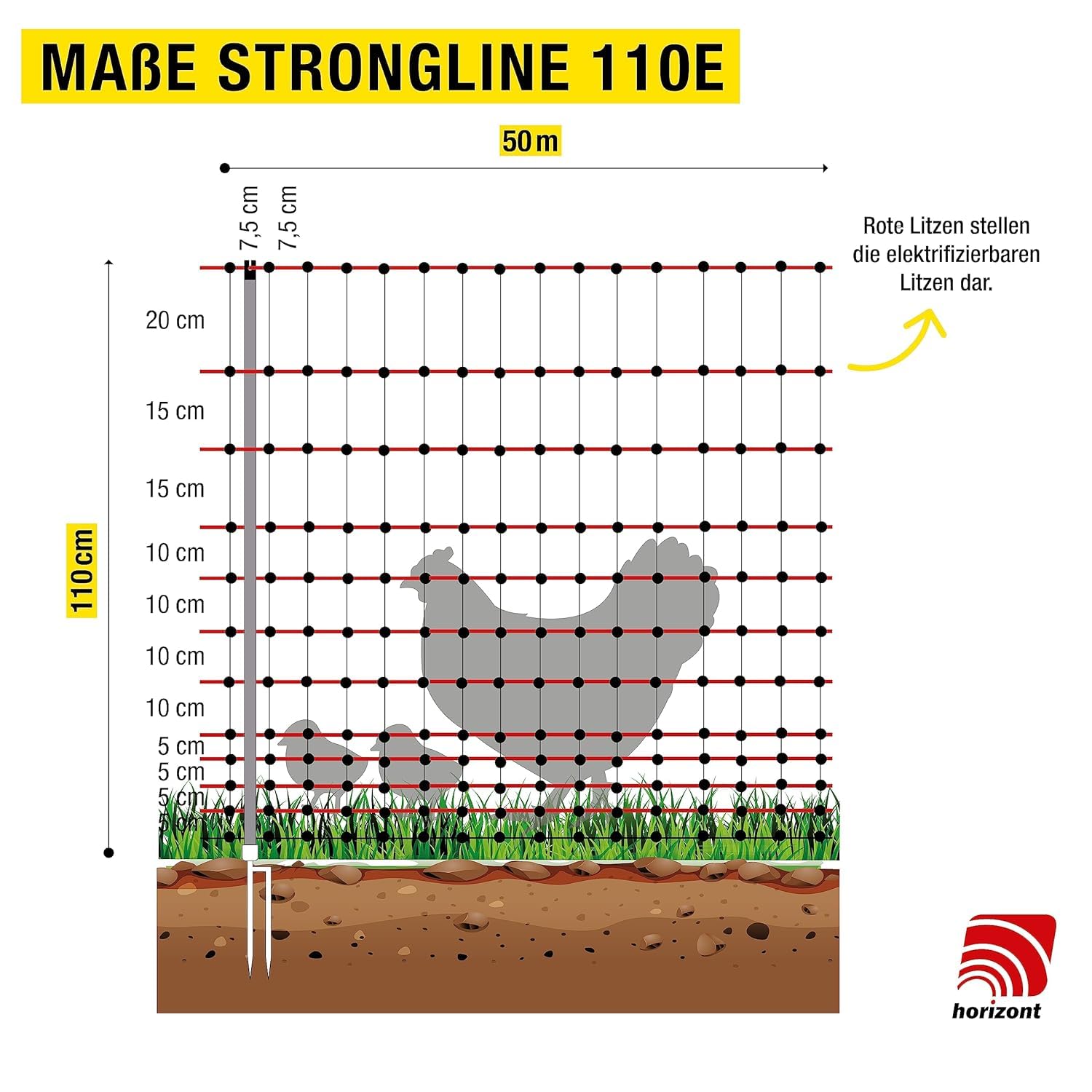 horizont Filet à volaille strongLine 110E, 15 piquets en fibre de verre - double pointe 50 m 110 cm de haut - avec électricité, clôture mobile pour poules