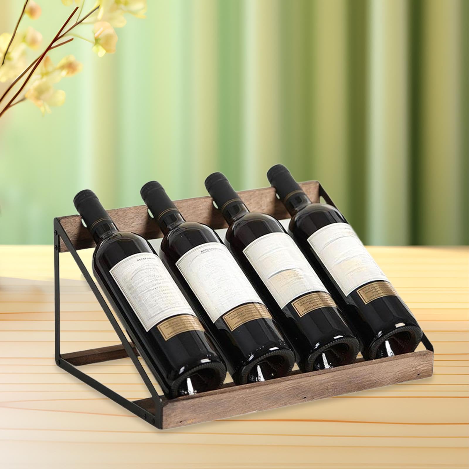 perfk Support de comptoir pour 4 Bouteilles de vin, Organisateur, Cadre en Bois et en métal, présentoir à vin pour sous-Sol, Polyvalent