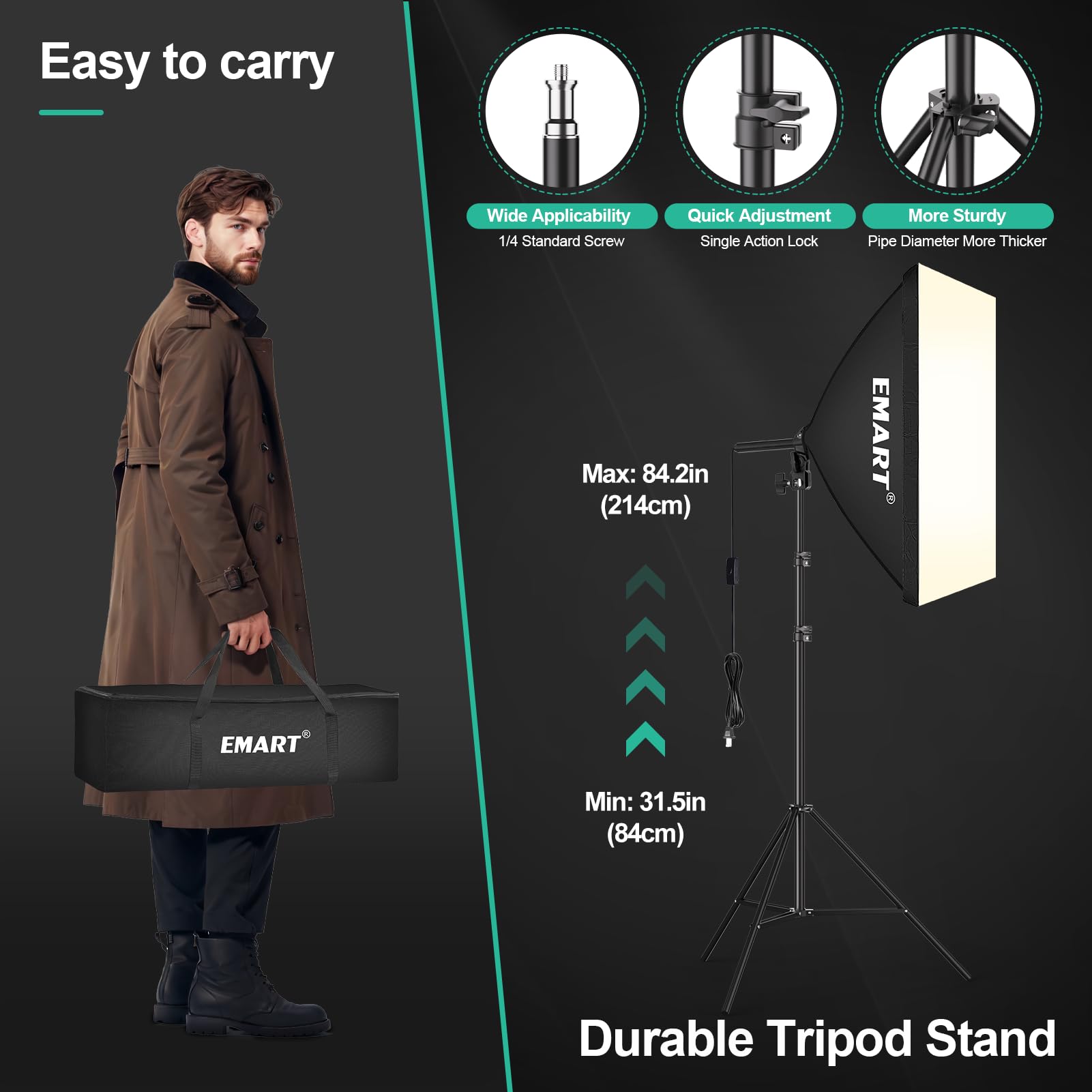 EMART Softbox Iluminación Kit Fotografía, Foco Fotografía 50 x 70 cm, Softbox per Studio Fotografico Equipo Bombilla LED de 50W (3000K-6000K), para Estudio Fotográfico,Grabación de Vídeo (2 Pack)