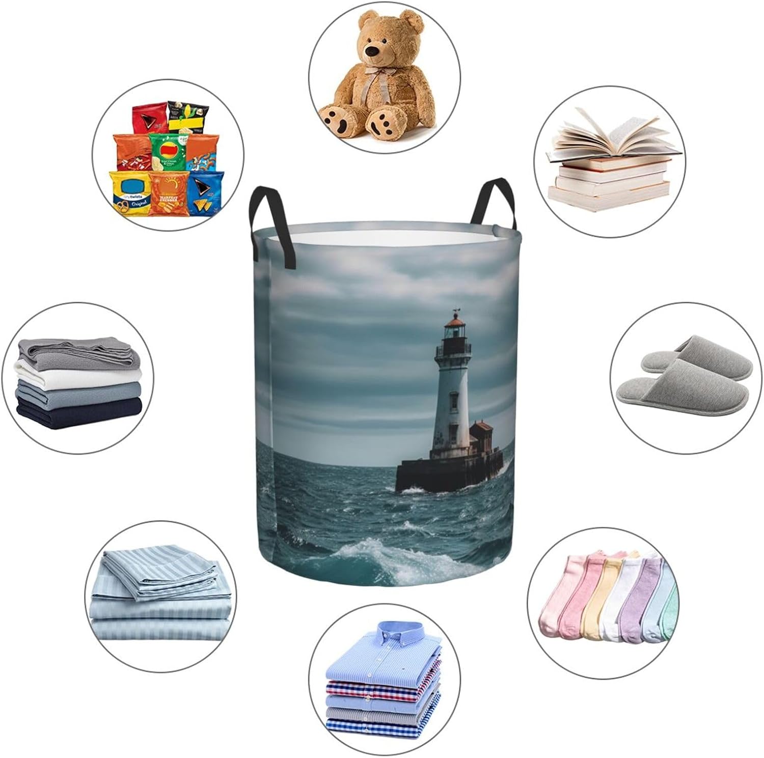Lighthouse Ocean Laundry Basket With Handles, Foldable Laundry Hamper Oxford Cloth Dirty Clothes Basket Waterproof Clothes Toys Storage Bin Organizer for Bedroom Bathroom Dorm
