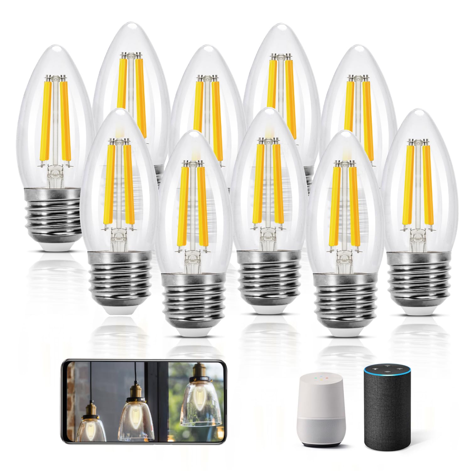 Aigostar Edison Bombillas Alexa LED E27 Bombillas Inteligentes 4.5W 470LM WIFI Bombilla Vintage C35 Bombillas Filamento Regulable 2700K-6500K, compatible con Alexa/Google Home. transparente 10 pack
