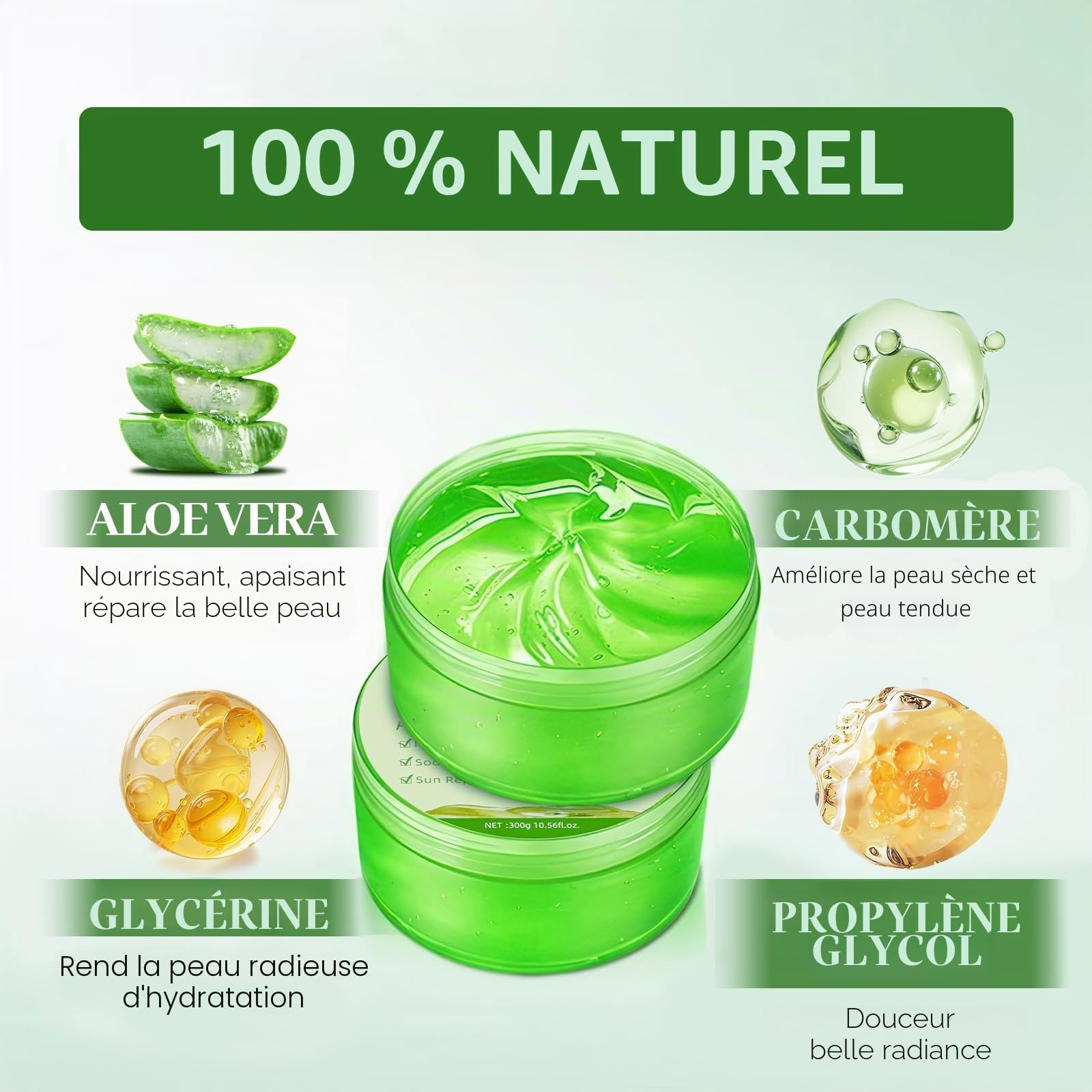 300 ml de gel d'aloe vera – 99% pur bio Aloe Vera Crème hydratante pour le visage et le corps, crème naturelle à l'aloe vera pour peau sèche, coups de soleil, acné
