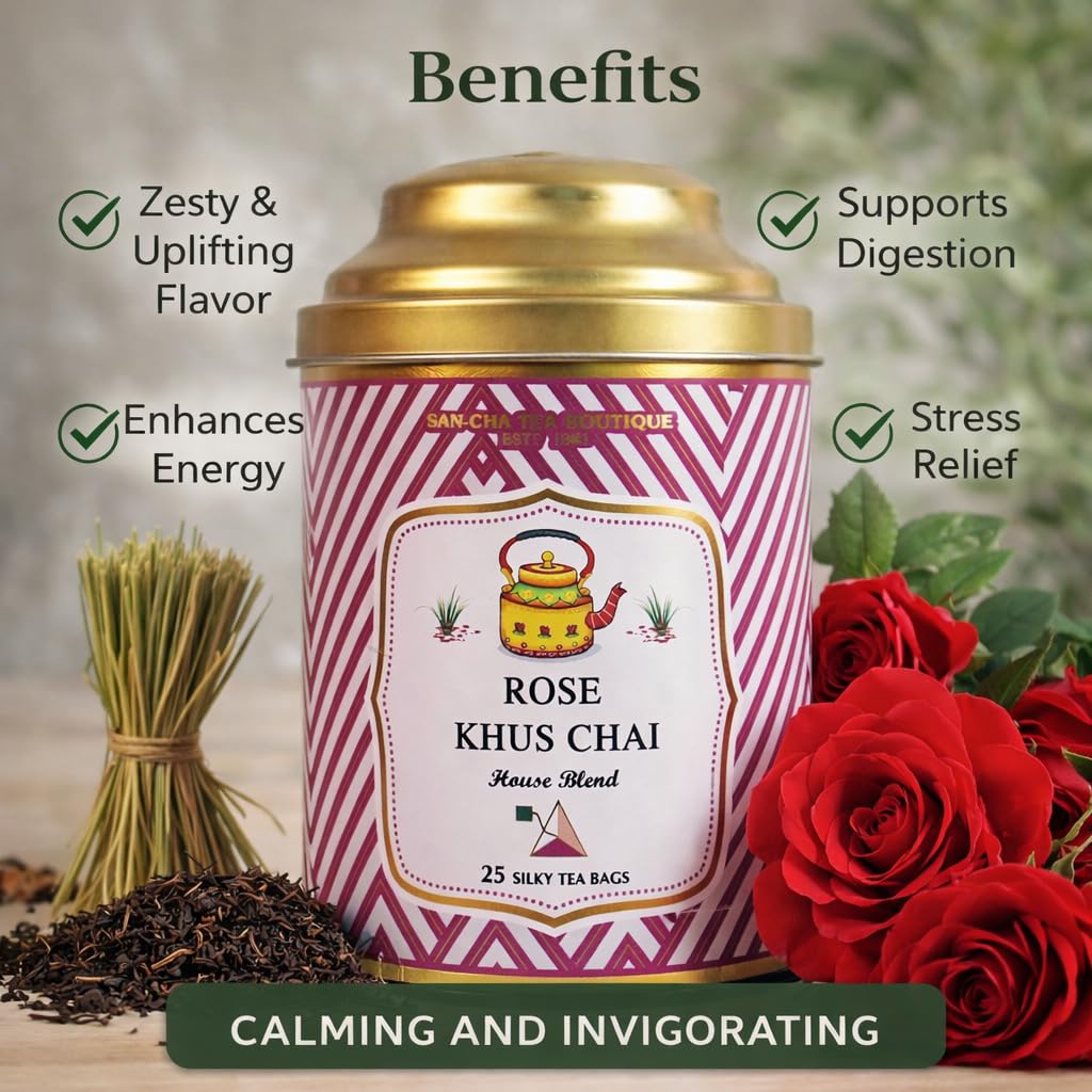 Sancha Tea Boutique, Rose Khus Chai, 25 Pyramid Bags, Royal Masala Tea Blend with Rose Petals & Khus Grass, Aromatic & Refreshing Herbal Chai 2